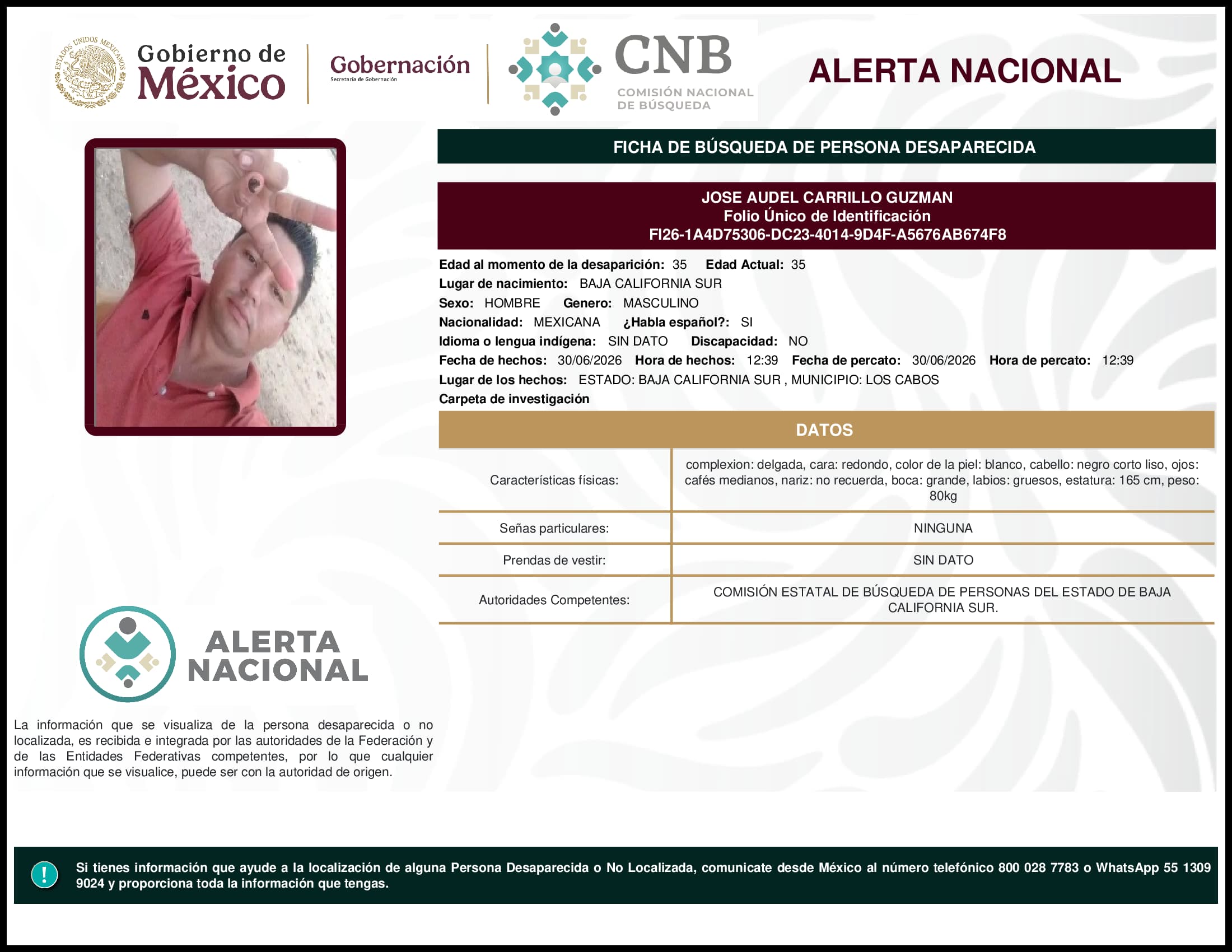 Persona desaparecida Jose Audel Carrillo Guzman