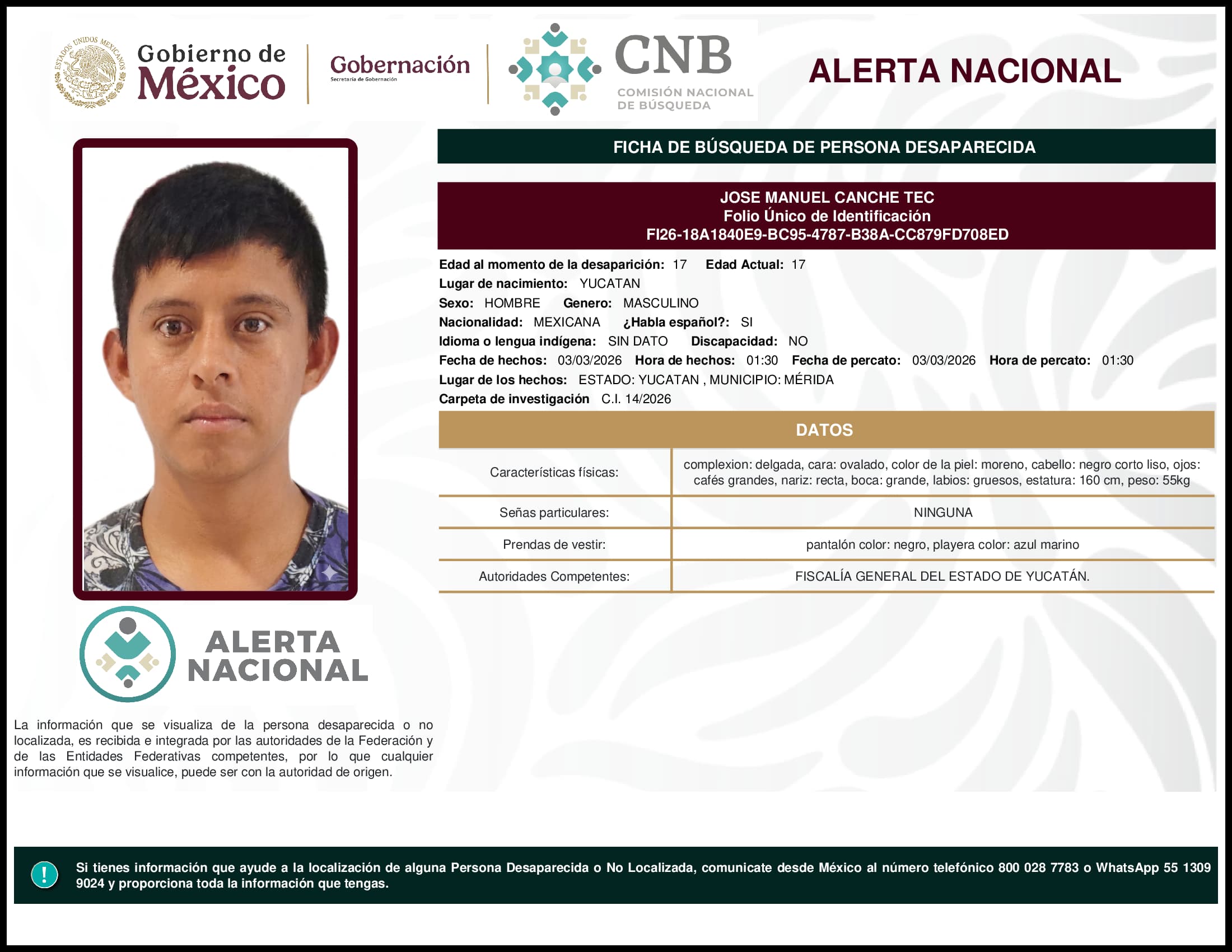 Persona desaparecida Jose Manuel Canche Tec