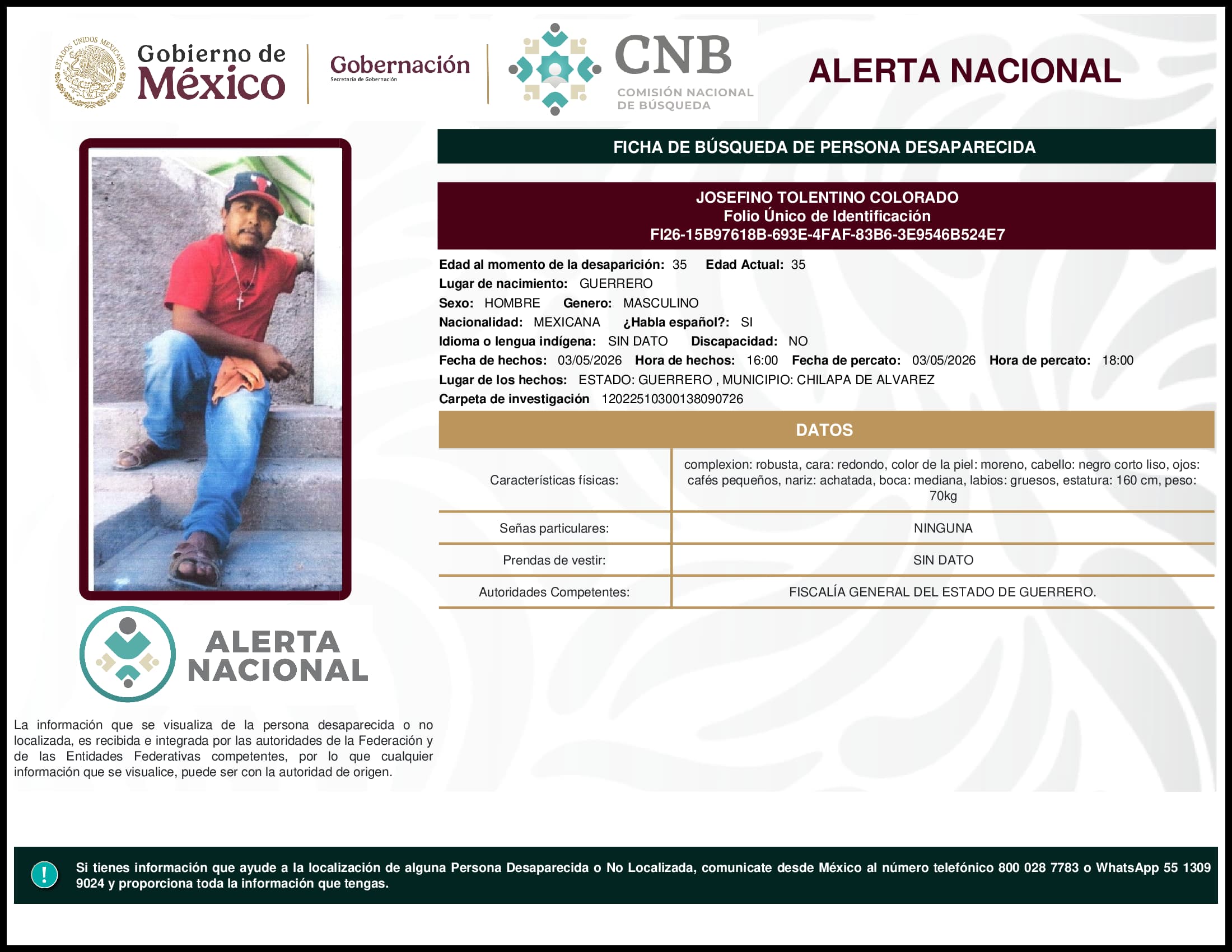 Persona desaparecida Josefino Tolentino Colorado