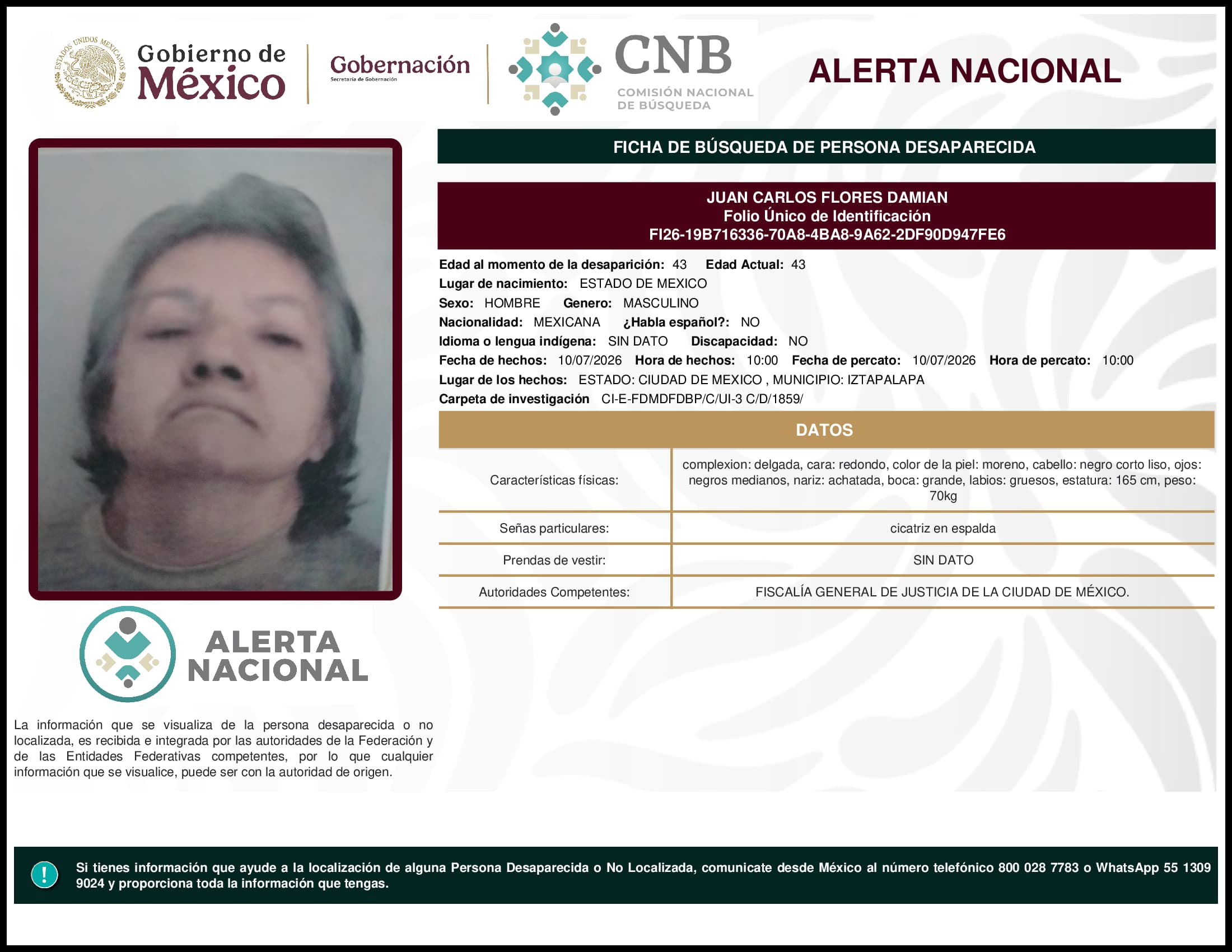 Persona desaparecida Juan Carlos Flores Damian