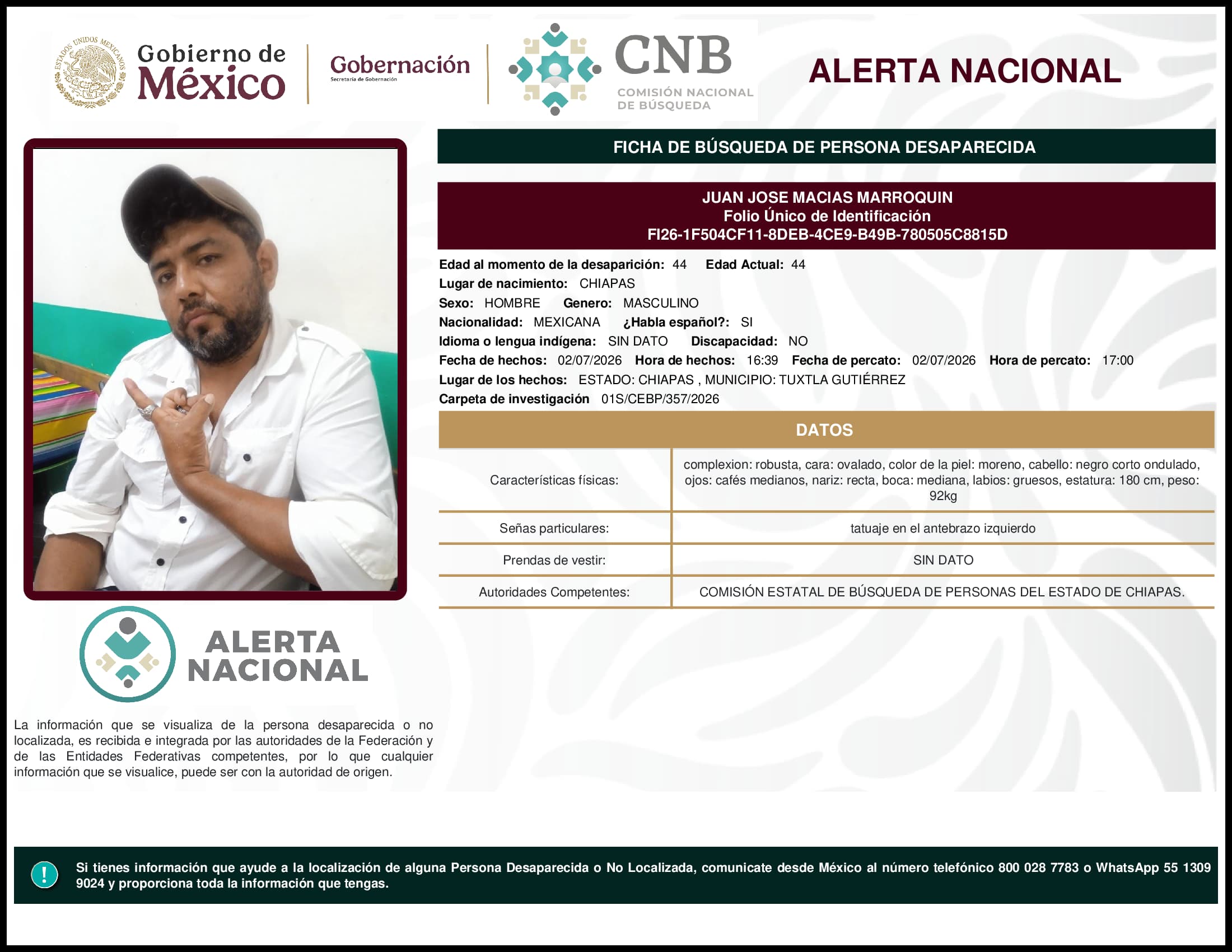 Persona desaparecida Juan Jose Macias Marroquin