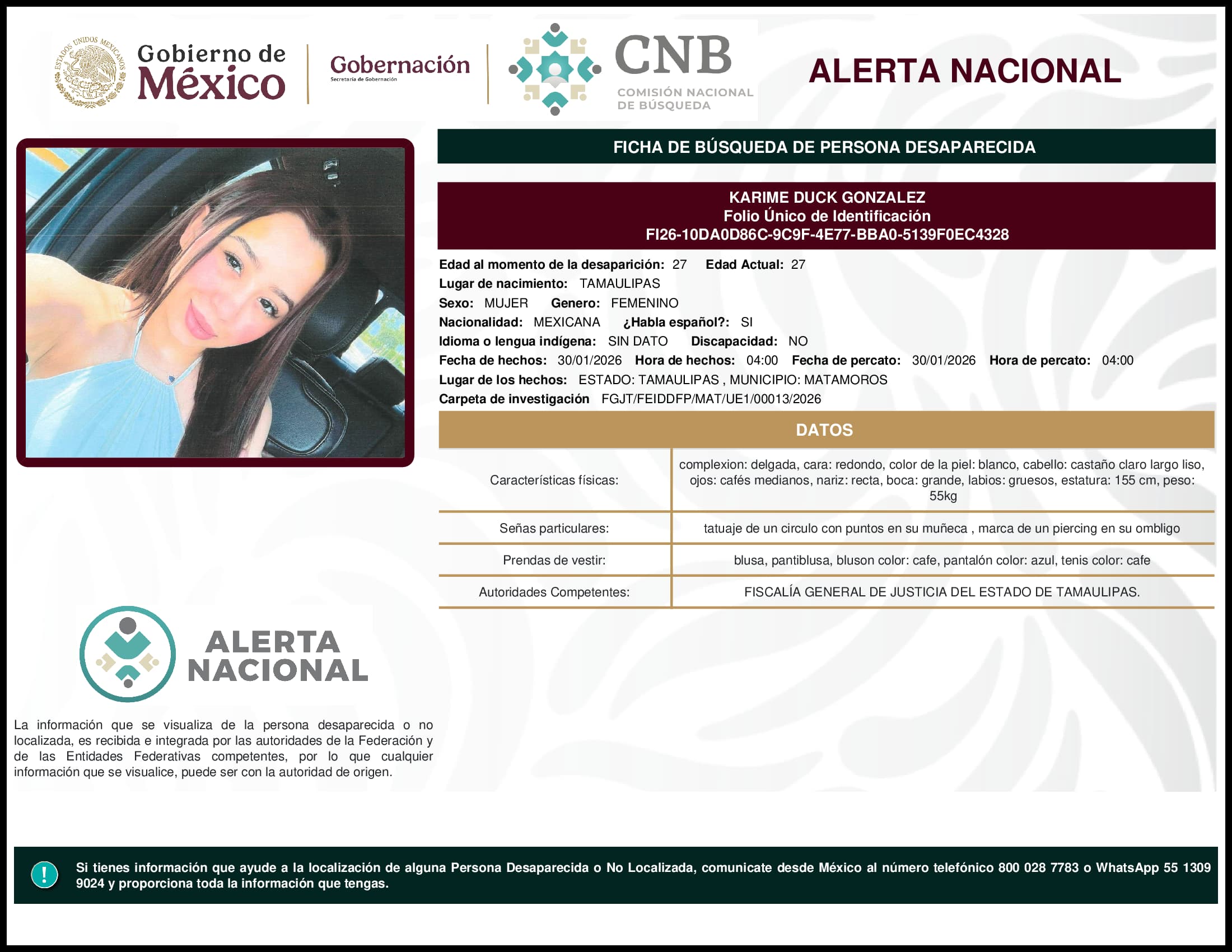 Persona desaparecida Karime Duck Gonzalez