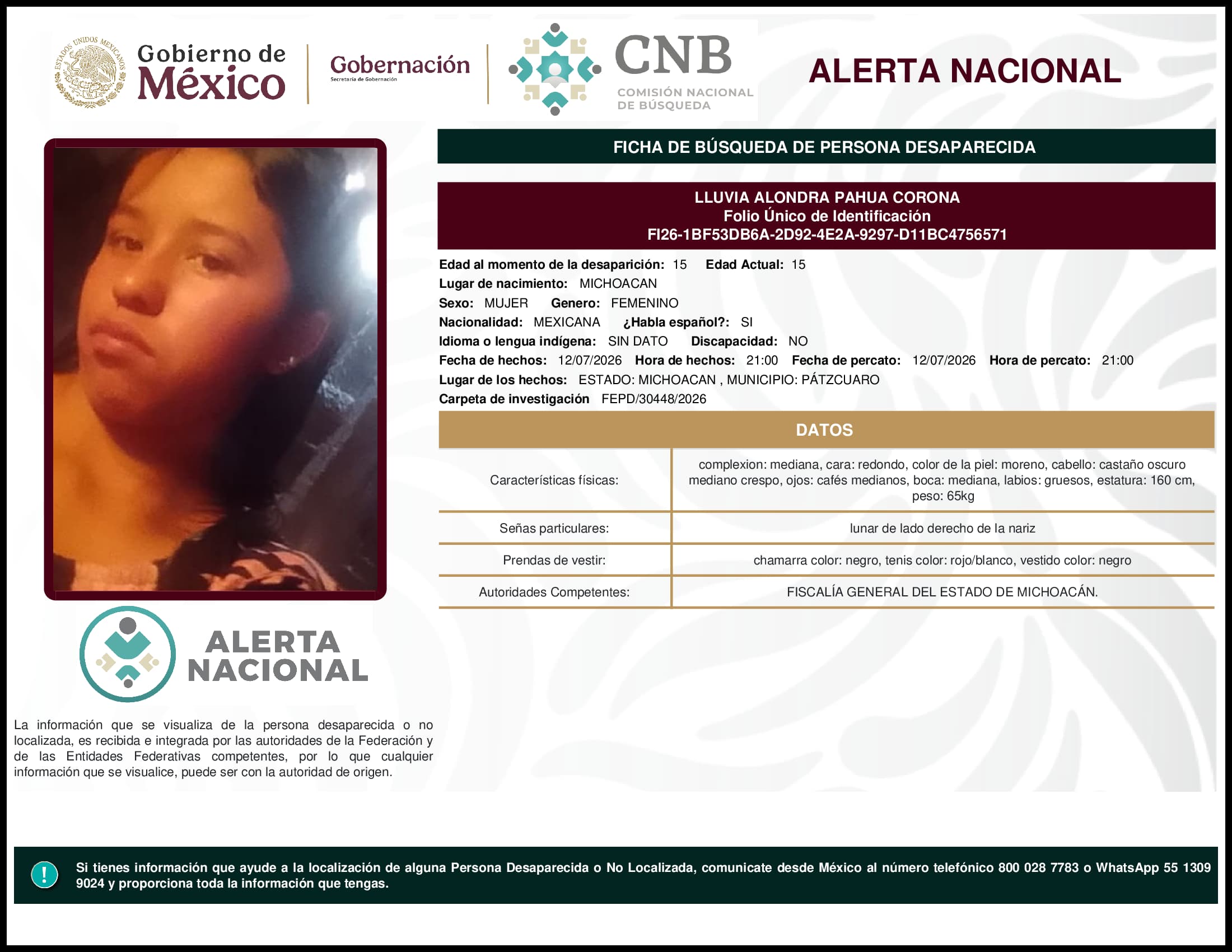 Persona desaparecida Lluvia Alondra Pahua Corona