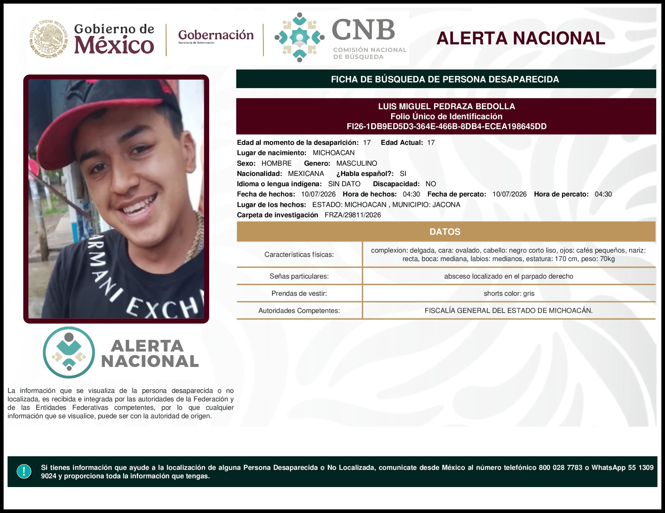 Persona desaparecida Luis Miguel Pedraza Bedolla