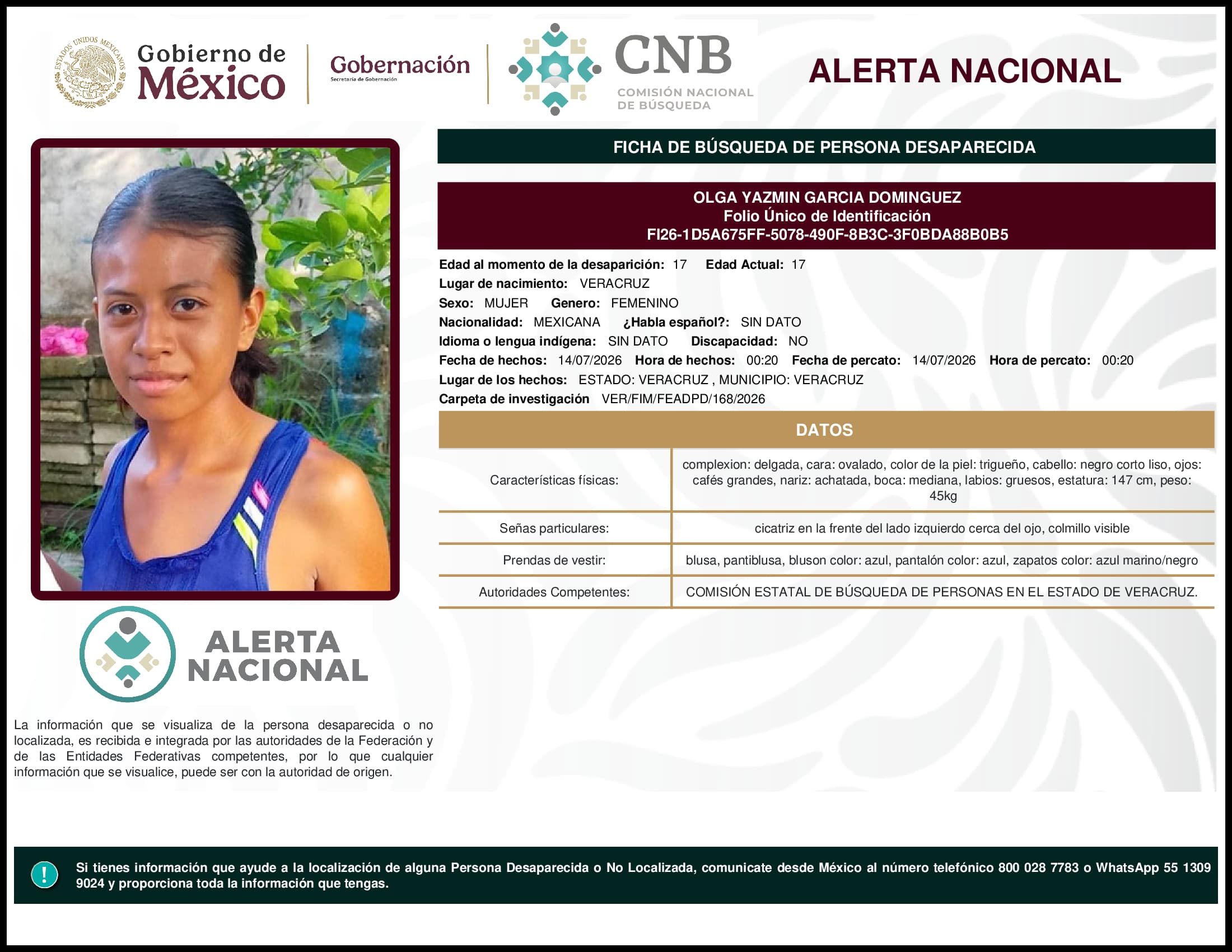 Persona desaparecida Olga Yazmin Garcia Dominguez