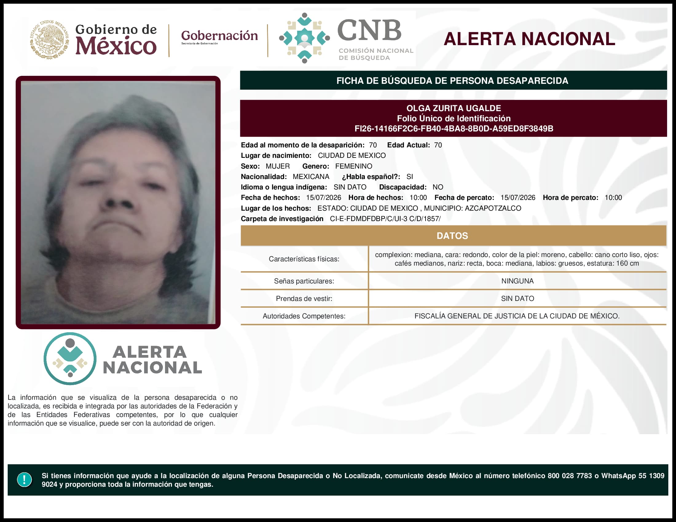 Persona desaparecida Olga Zurita Ugalde