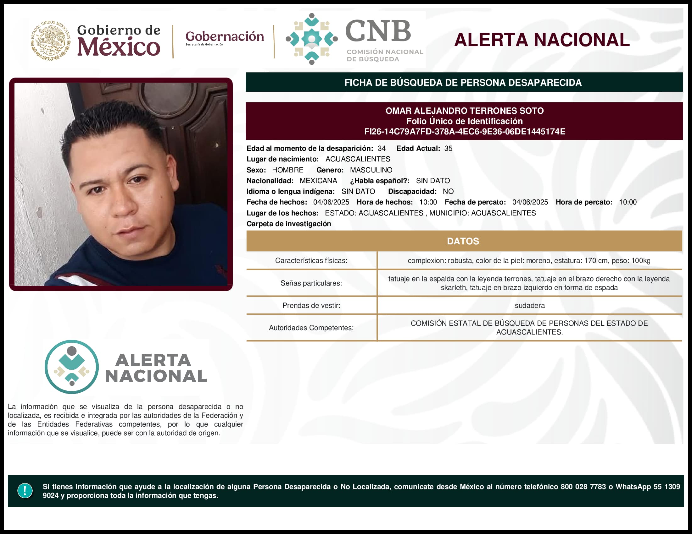 Persona desaparecida Omar Alejandro Terrones Soto