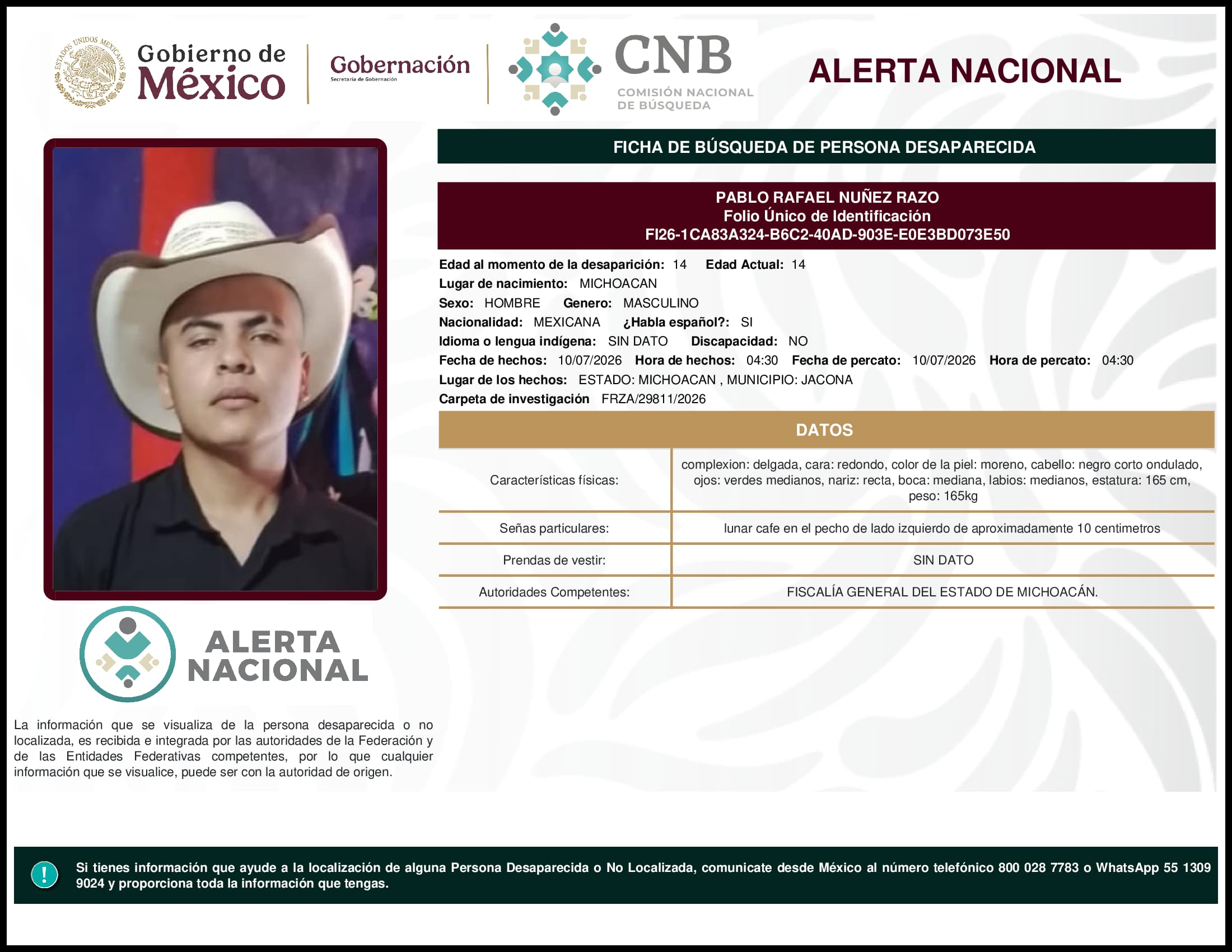 Persona desaparecida Pablo Rafael Nunez Razo