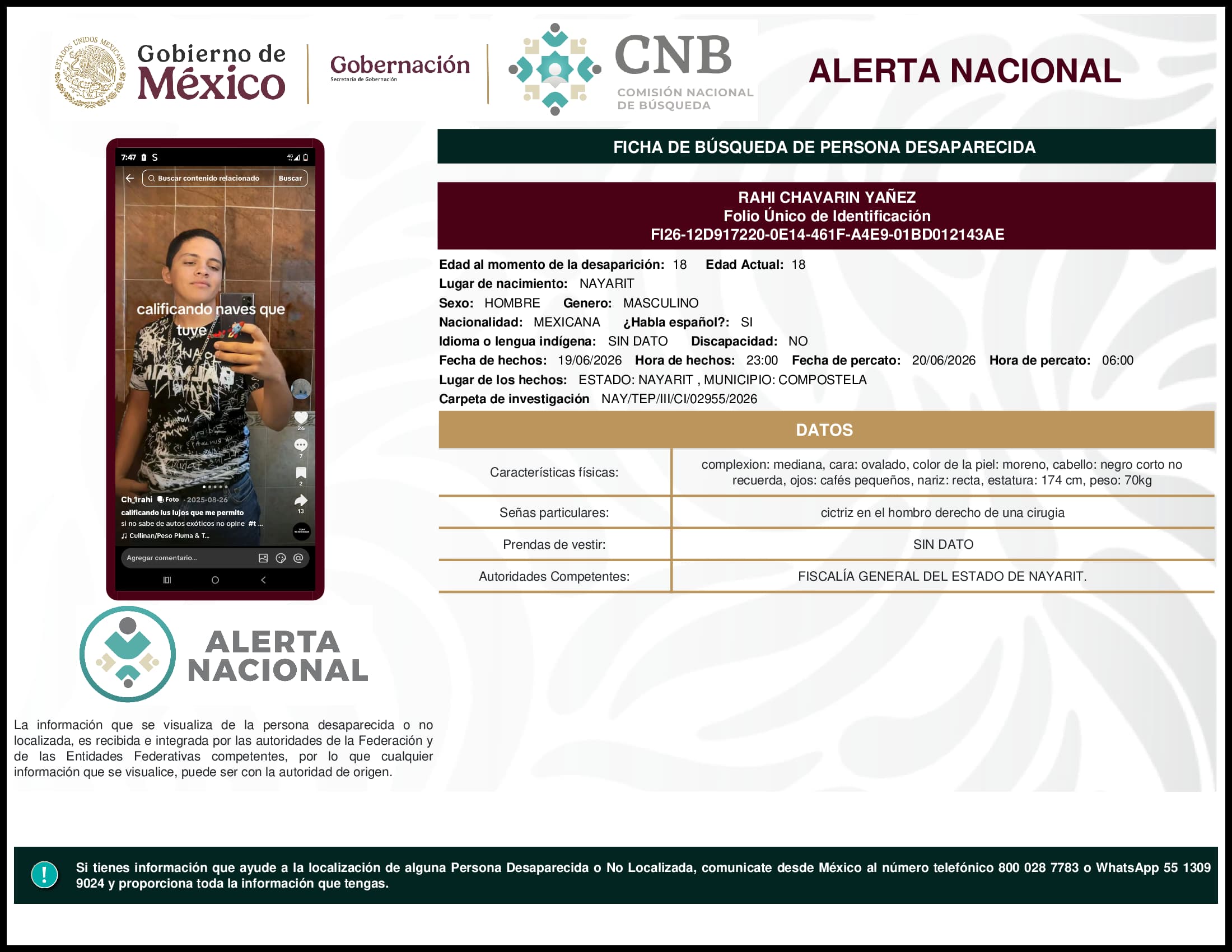 Persona desaparecida Rahi Chavarin Yanez