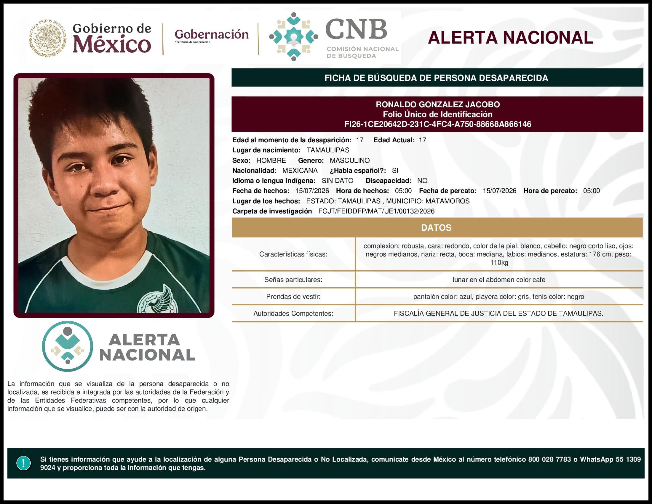 Persona desaparecida Ronaldo Gonzalez Jacobo