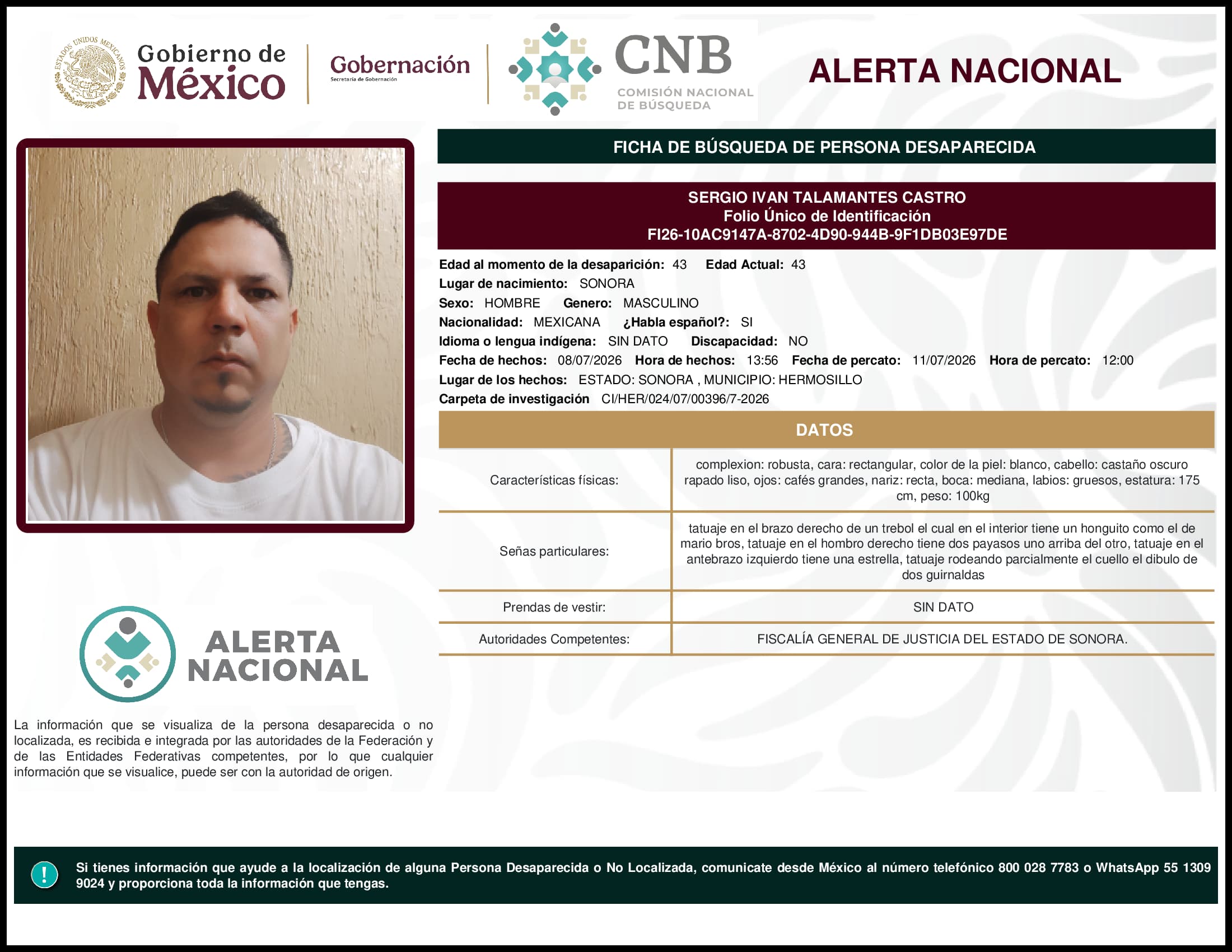 Persona desaparecida Sergio Ivan Talamantes Castro