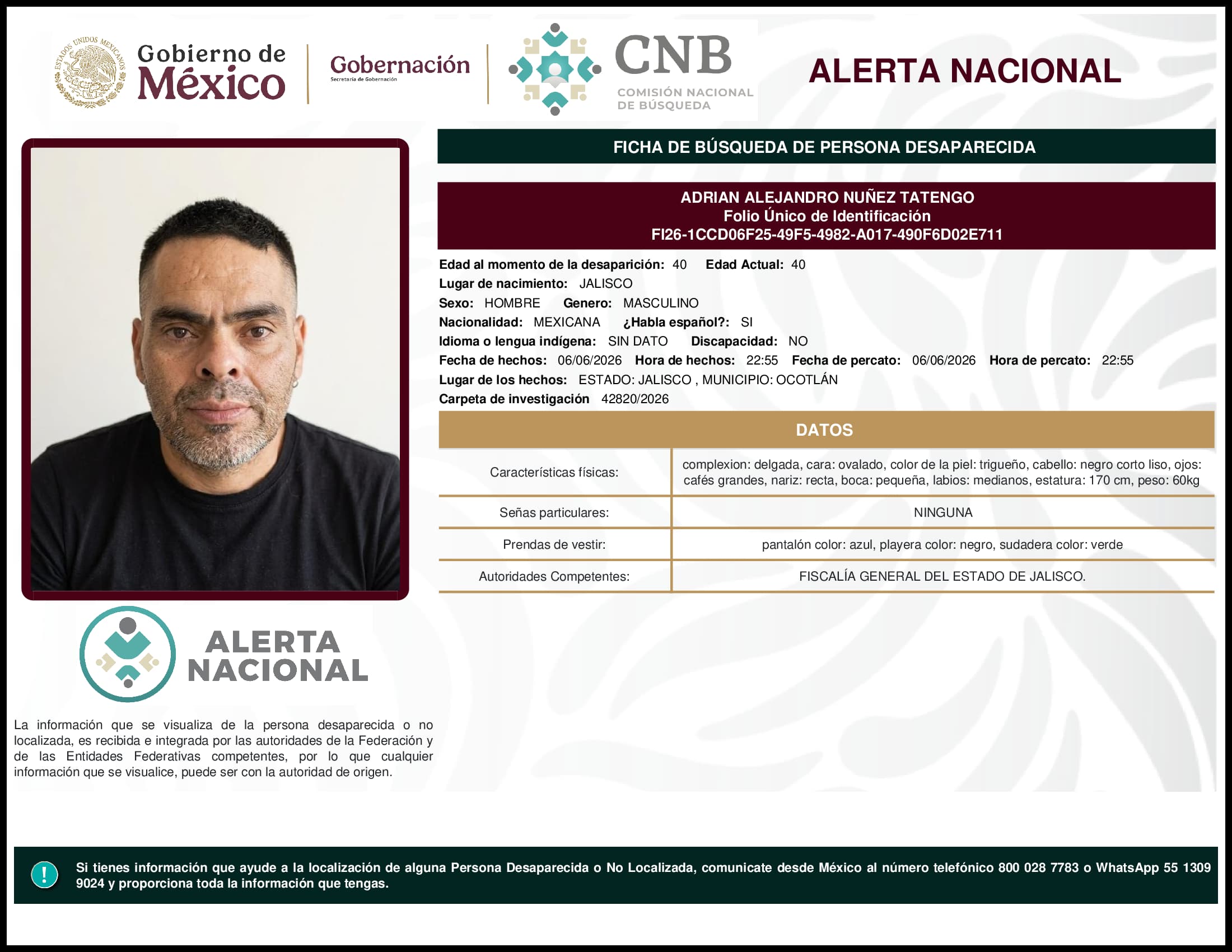 Persona desaparecida Adrian Alejandro Nunez Tatengo