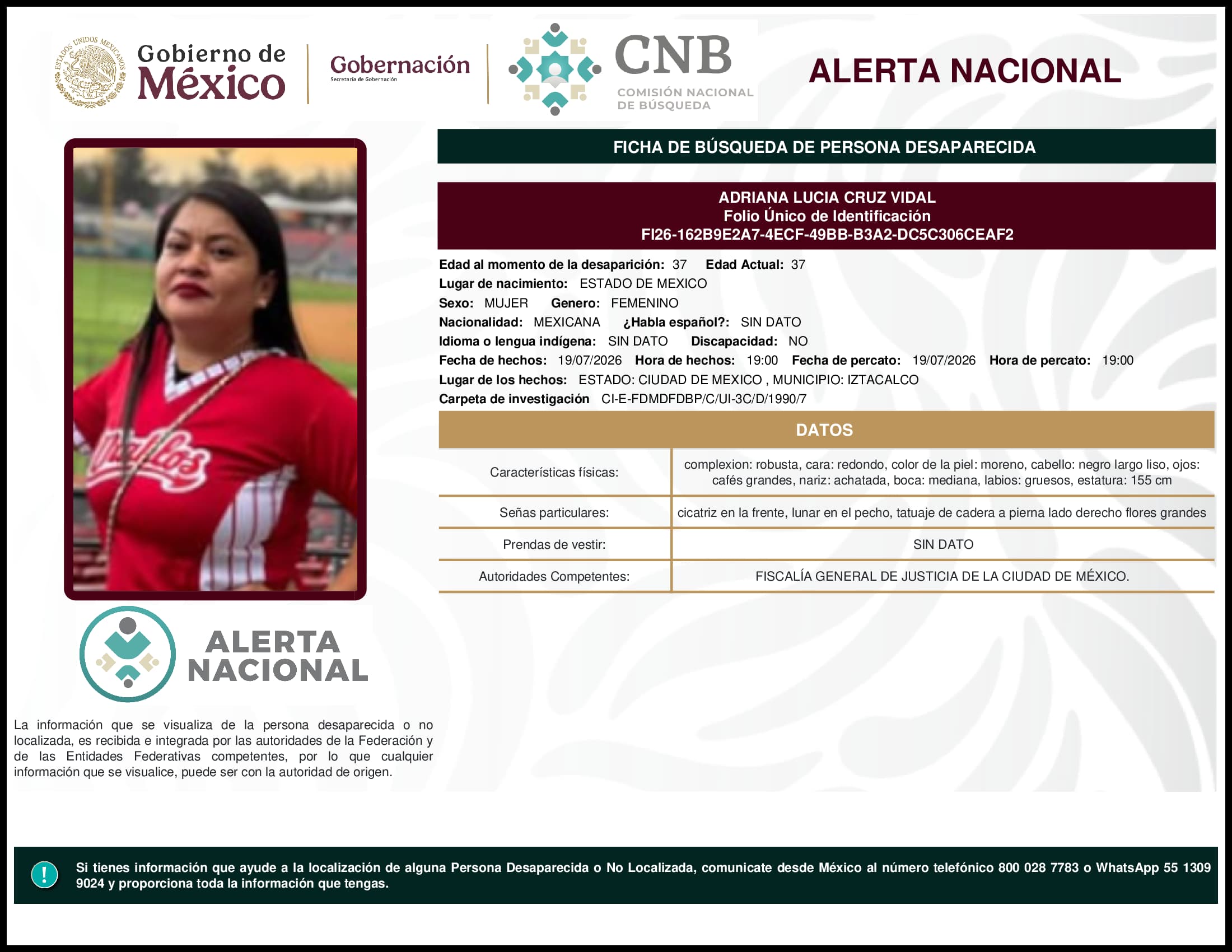 Persona desaparecida Adriana Lucia Cruz Vidal