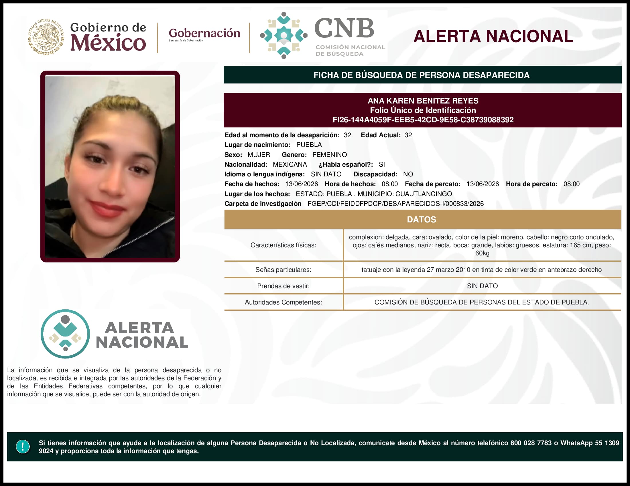 Persona desaparecida Ana Karen Benitez Reyes