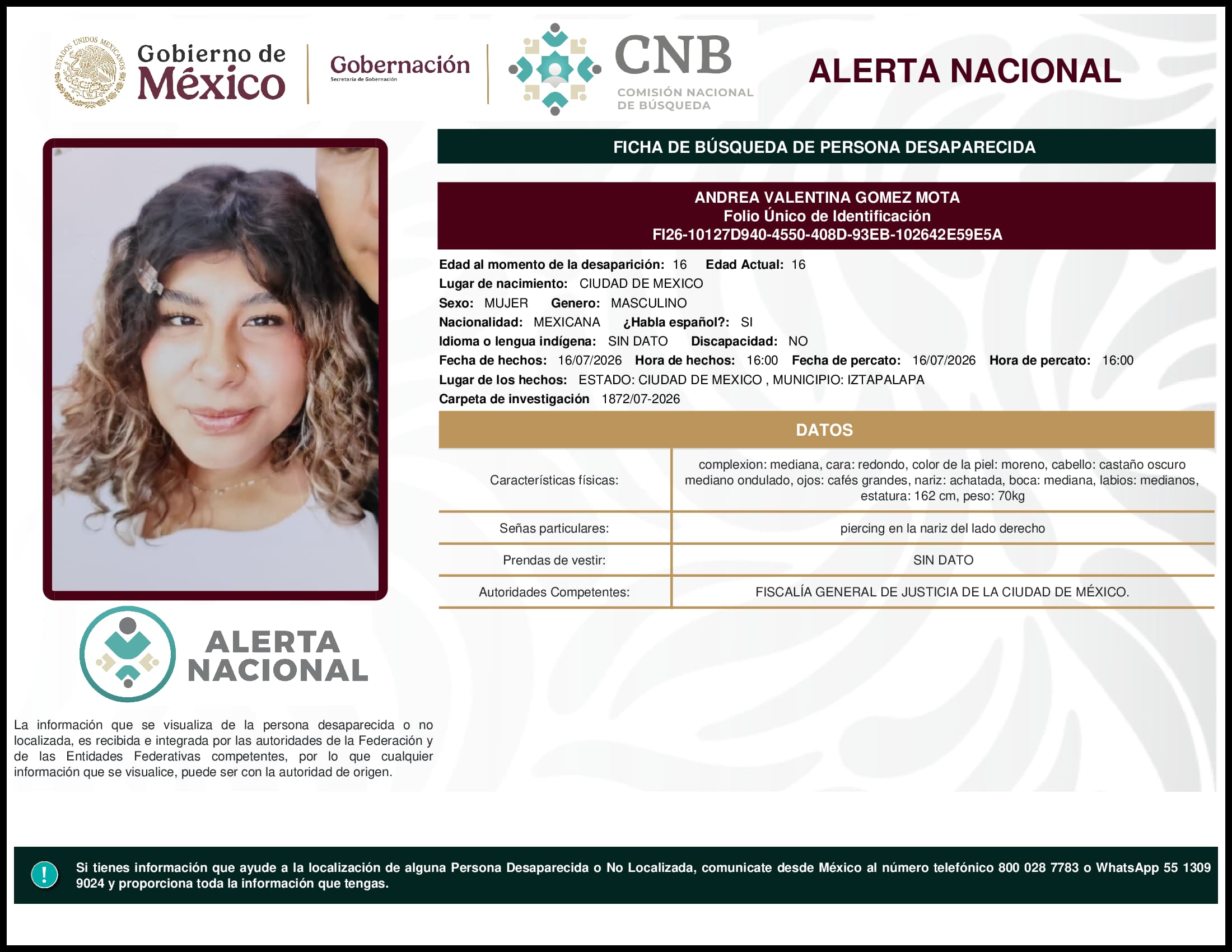 Persona desaparecida Andrea Valentina Gomez Mota