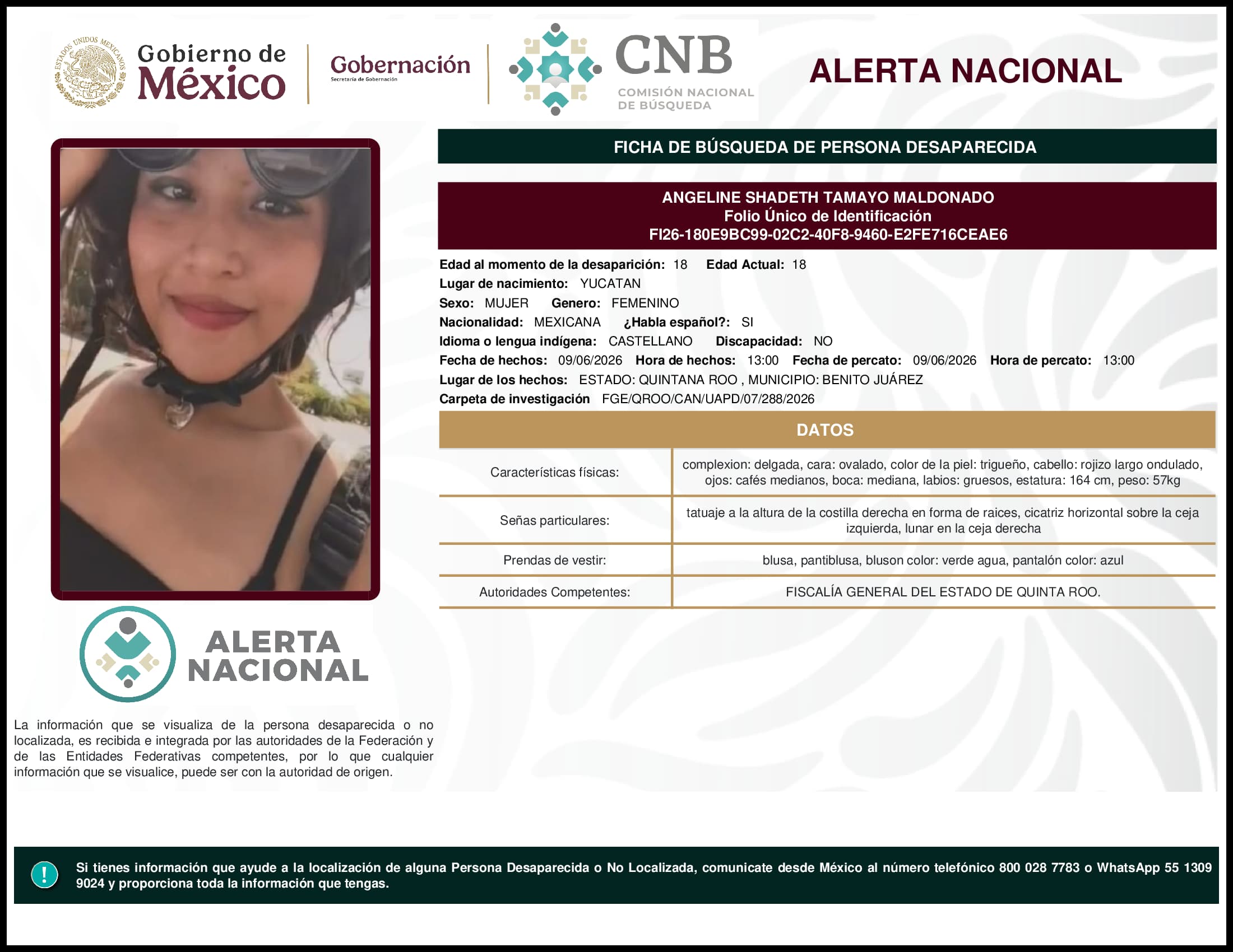 Persona desaparecida Angeline Shadeth Tamayo Maldonado