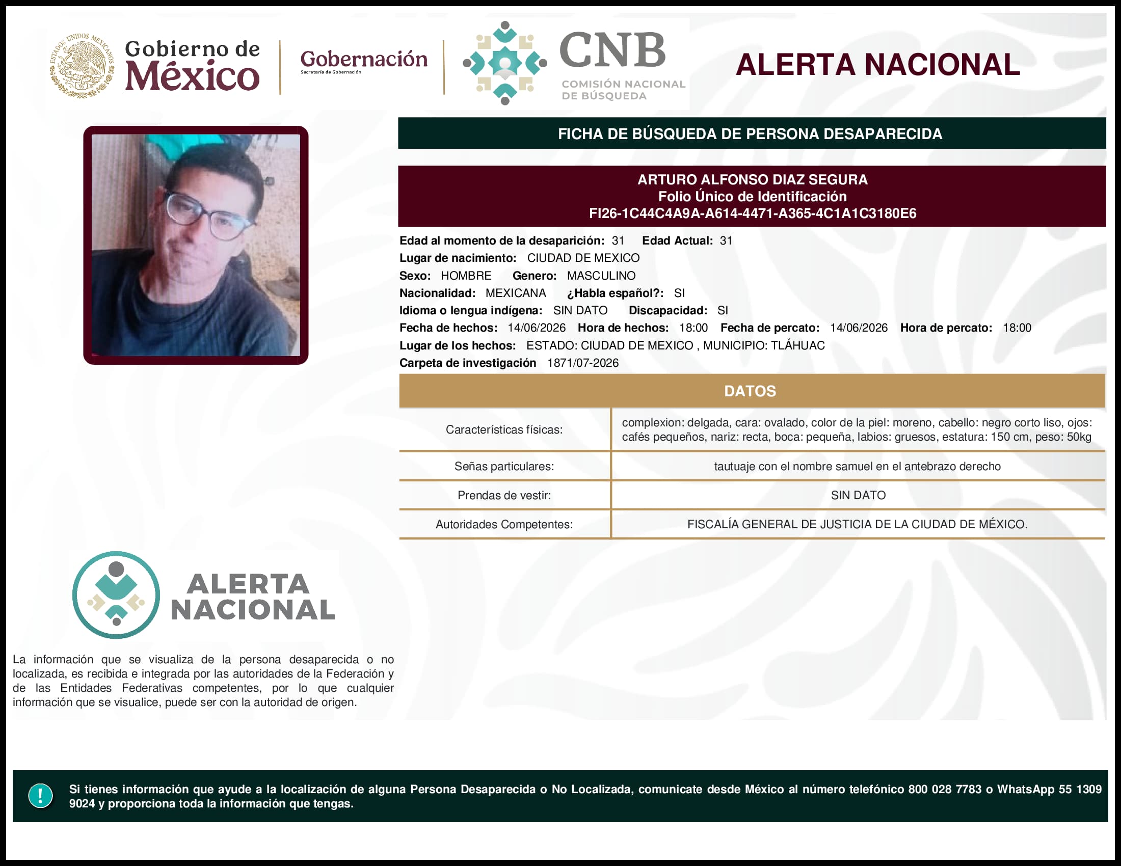 Persona desaparecida Arturo Alfonso Diaz Segura