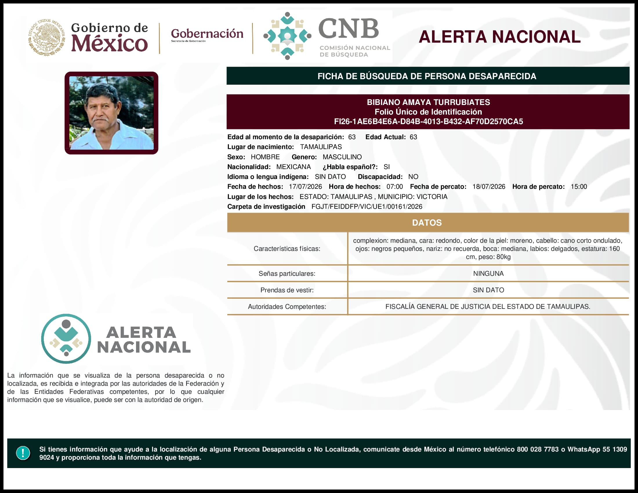 Persona desaparecida Bibiano Amaya Turrubiates