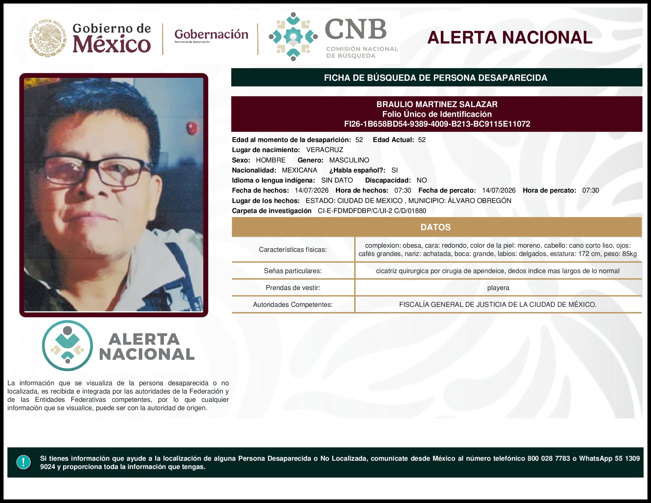 Persona desaparecida Braulio Martinez Salazar