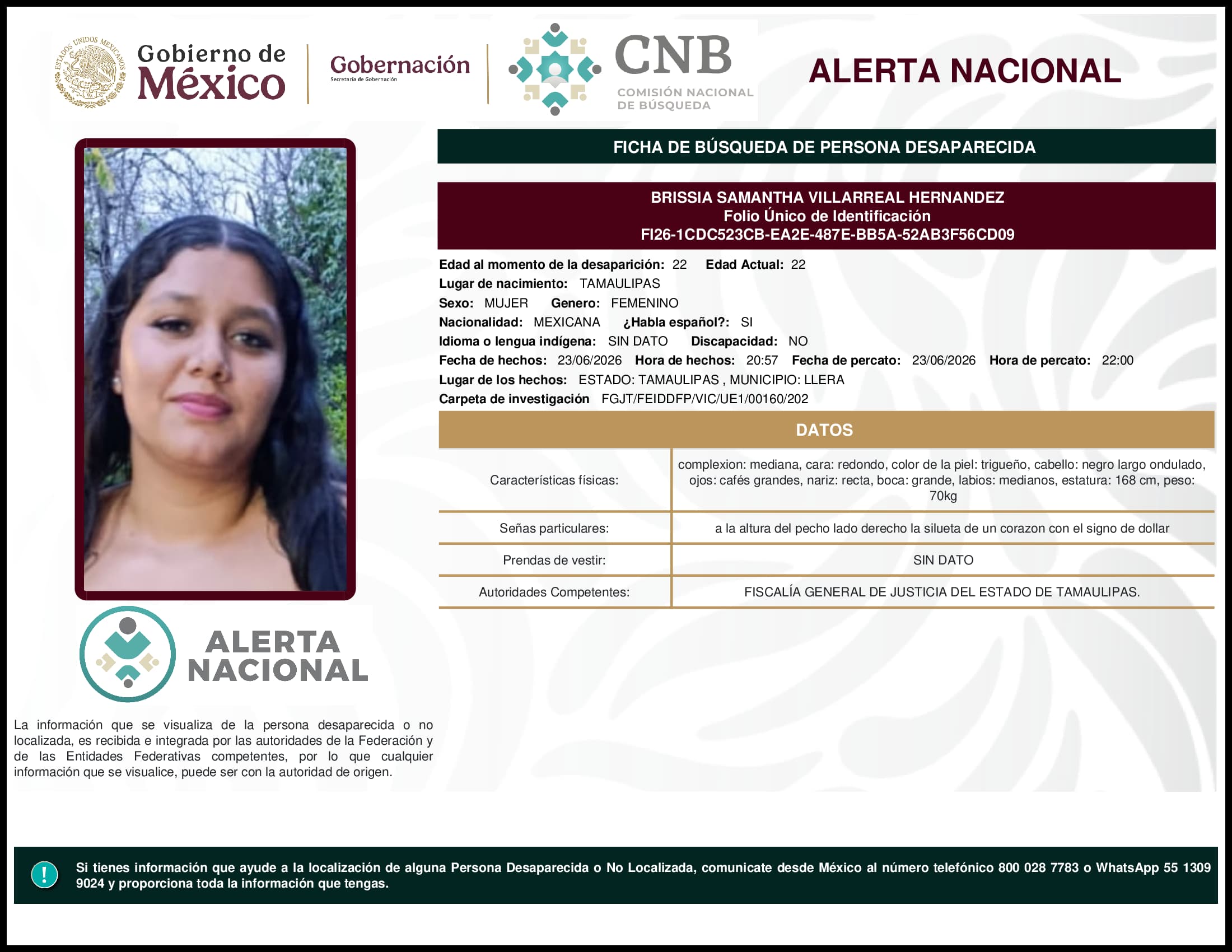 Persona desaparecida Brissia Samantha Villarreal Hernandez