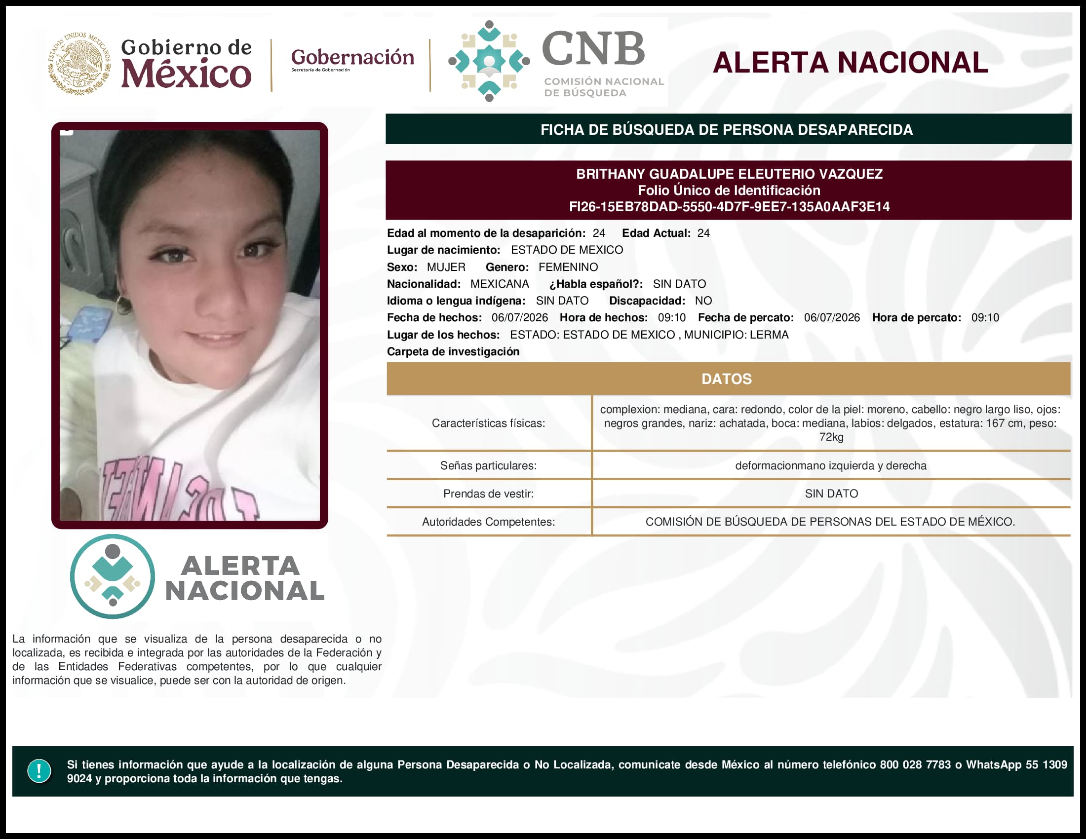 Persona desaparecida Brithany Guadalupe Eleuterio Vazquez