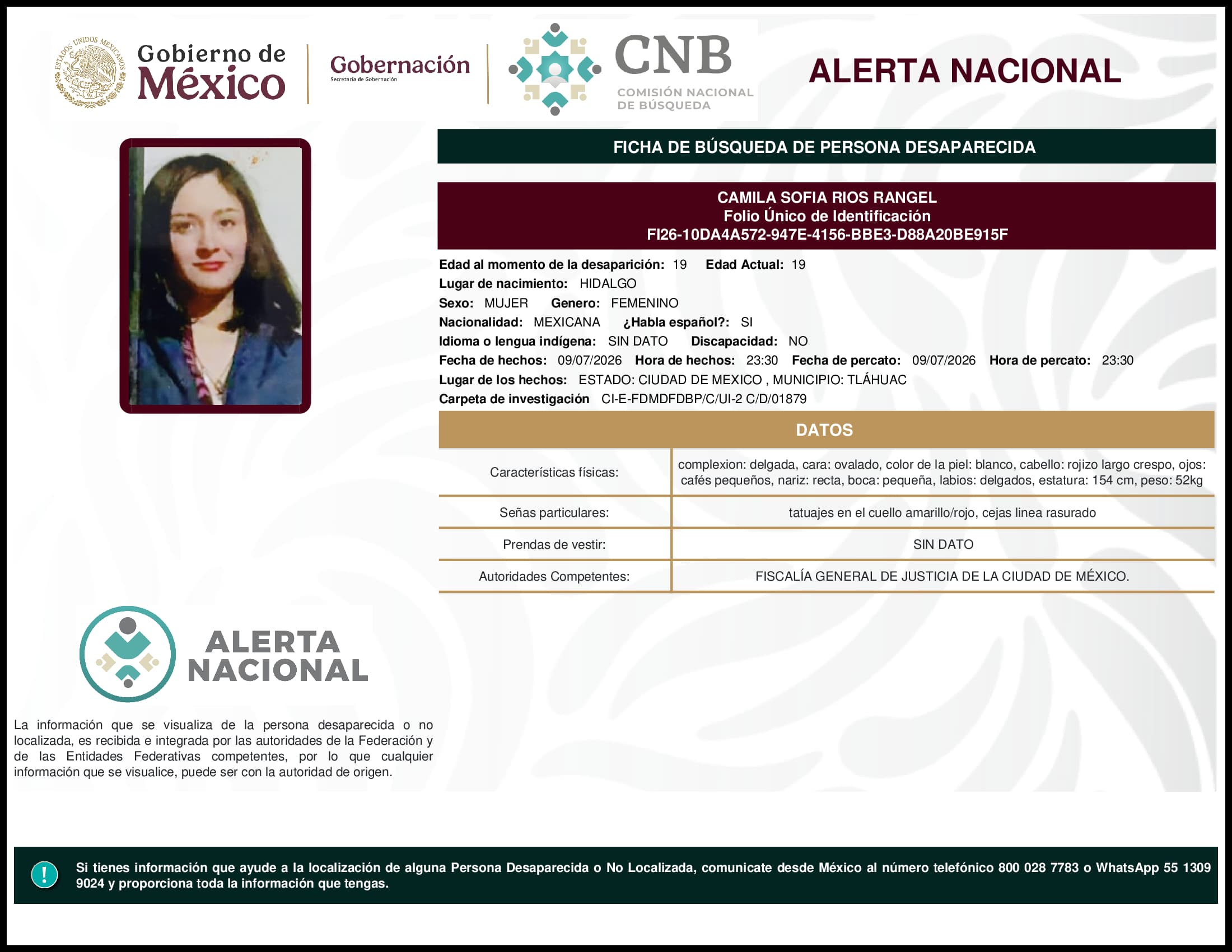 Persona desaparecida Camila Sofia Rios Rangel