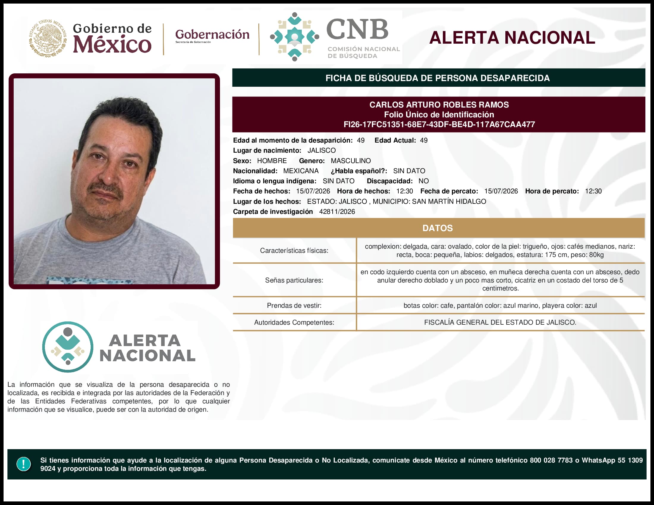 Persona desaparecida Carlos Arturo Robles Ramos