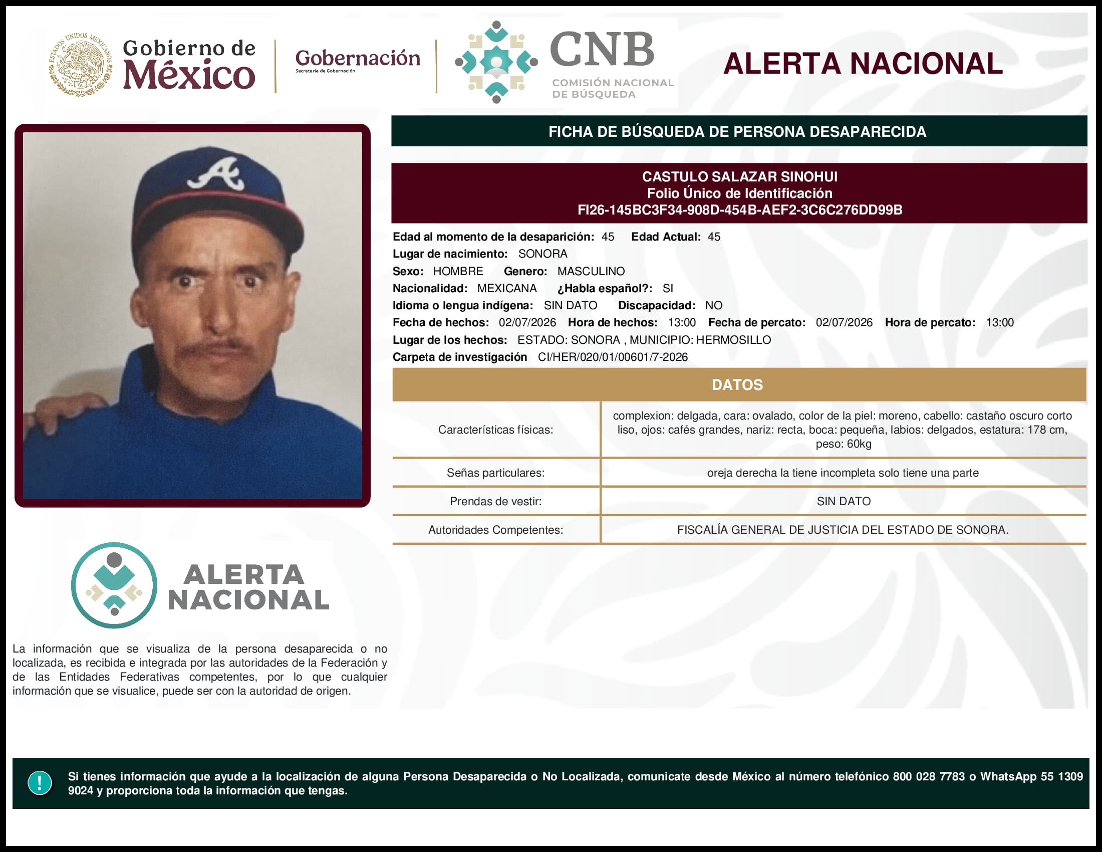 Persona desaparecida Castulo Salazar Sinohui
