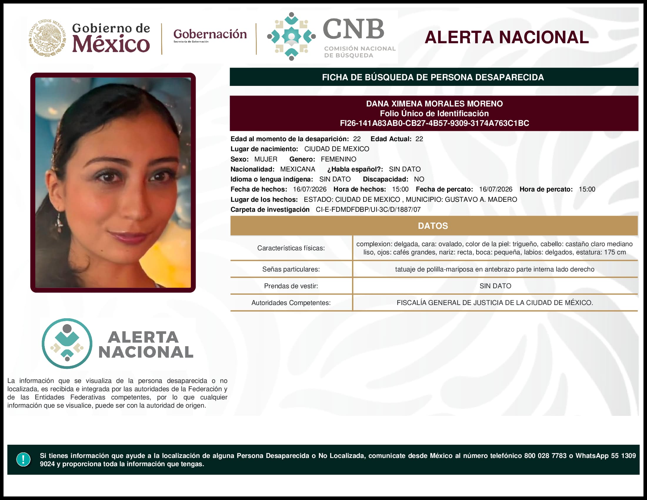 Persona desaparecida Dana Ximena Morales Moreno