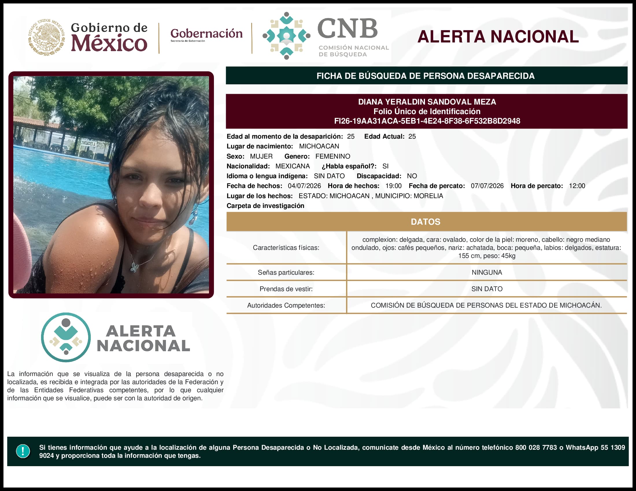 Persona desaparecida Diana Yeraldin Sandoval Meza