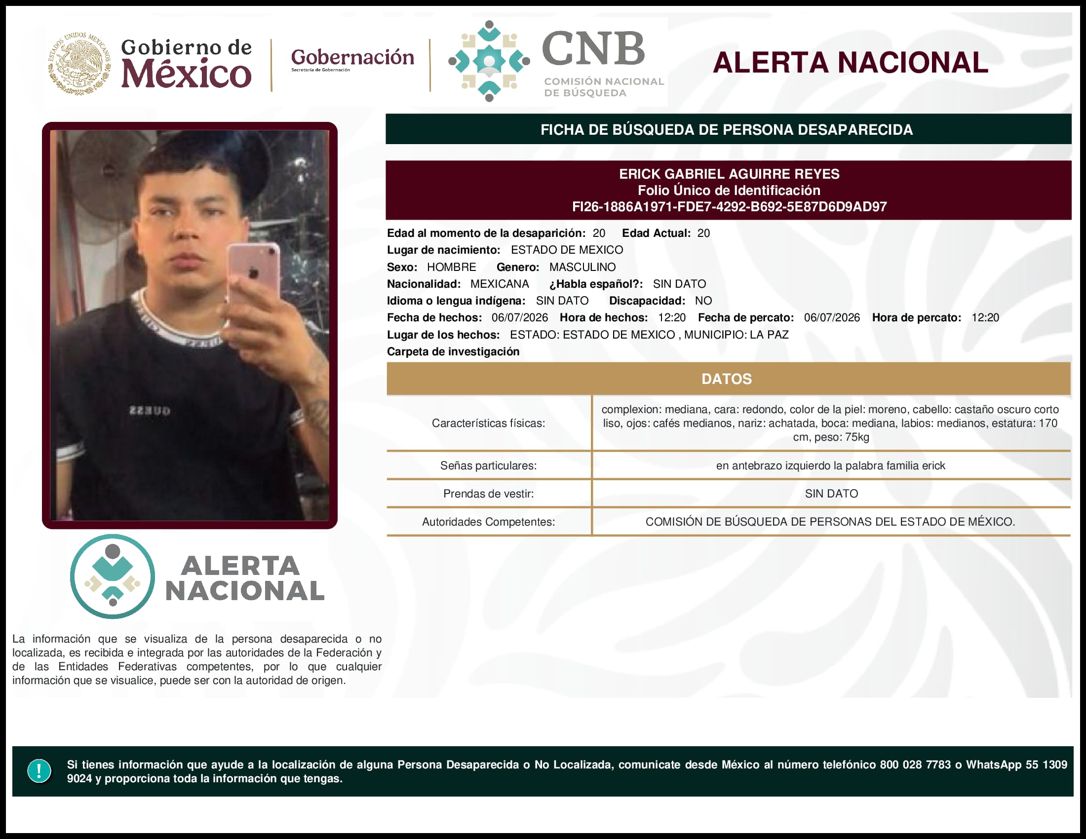 Persona desaparecida Erick Gabriel Aguirre Reyes