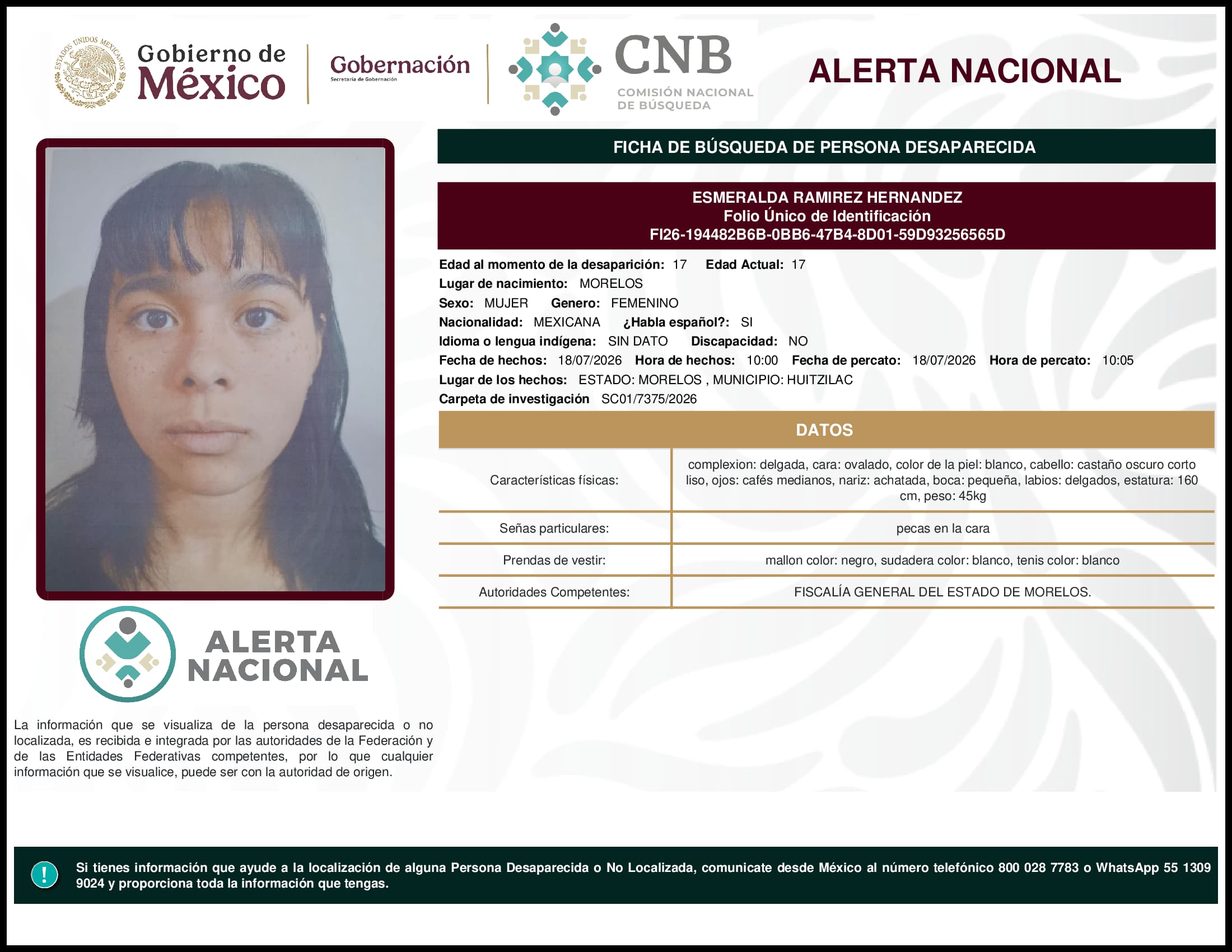 Persona desaparecida Esmeralda Ramirez Hernandez