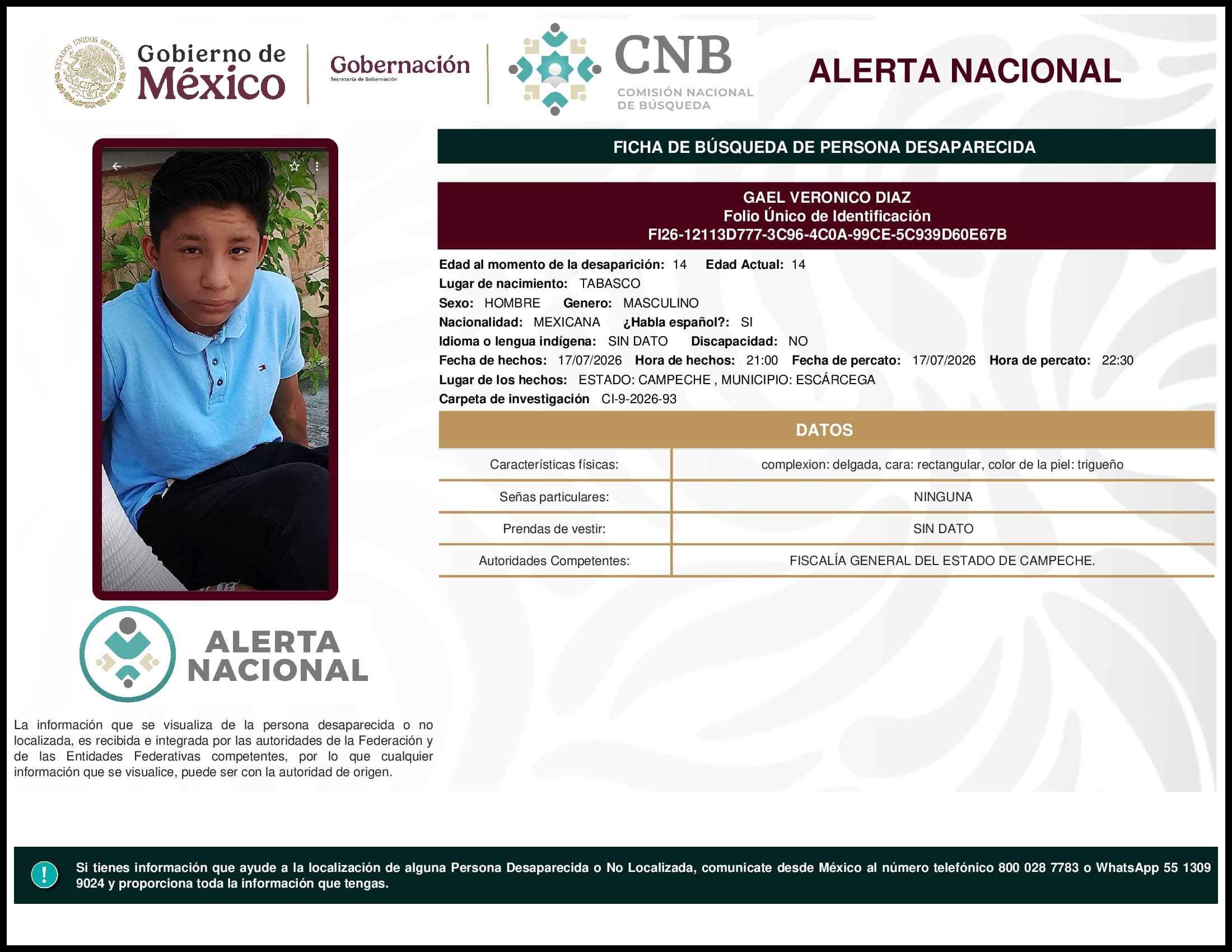 Persona desaparecida Gael Veronico Diaz