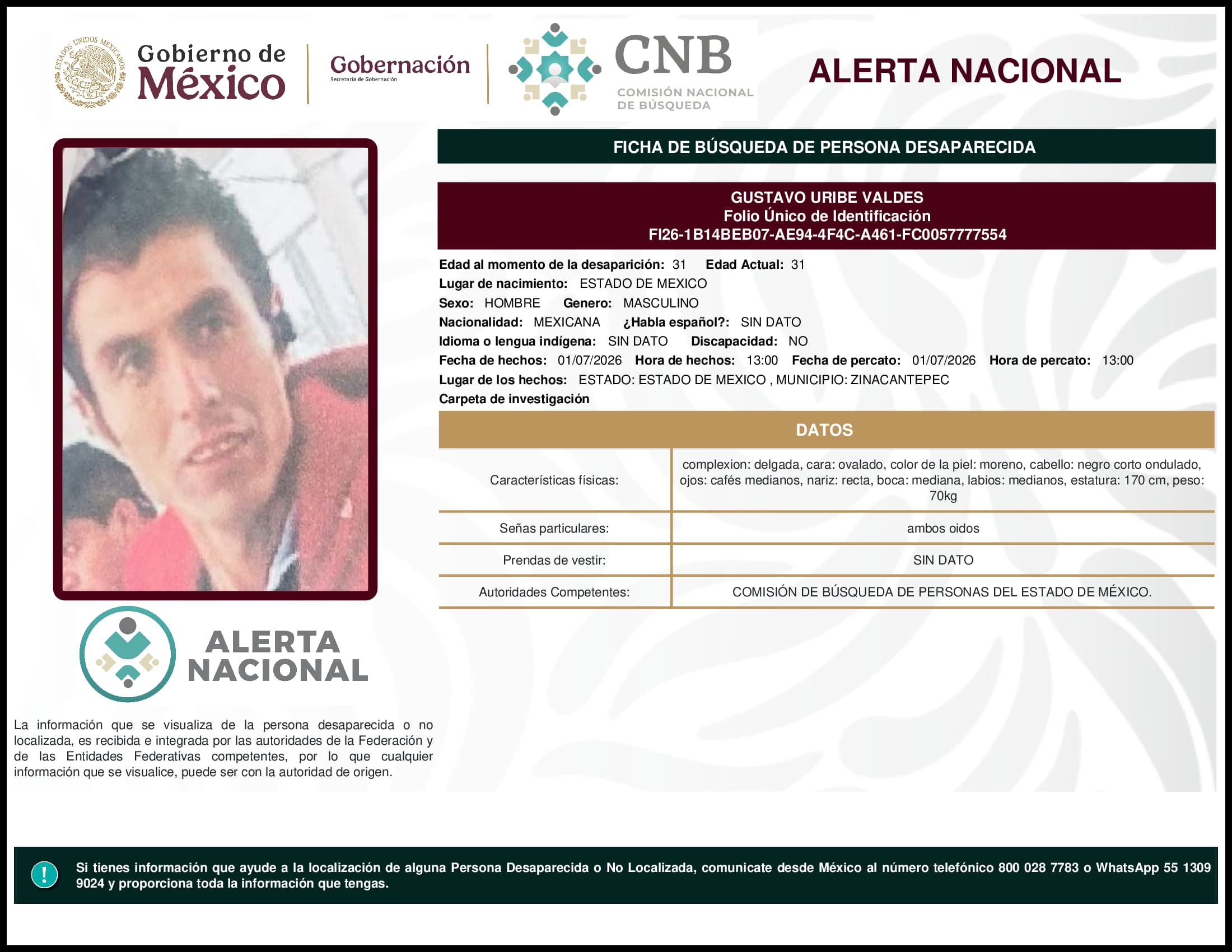 Persona desaparecida Gustavo Uribe Valdes