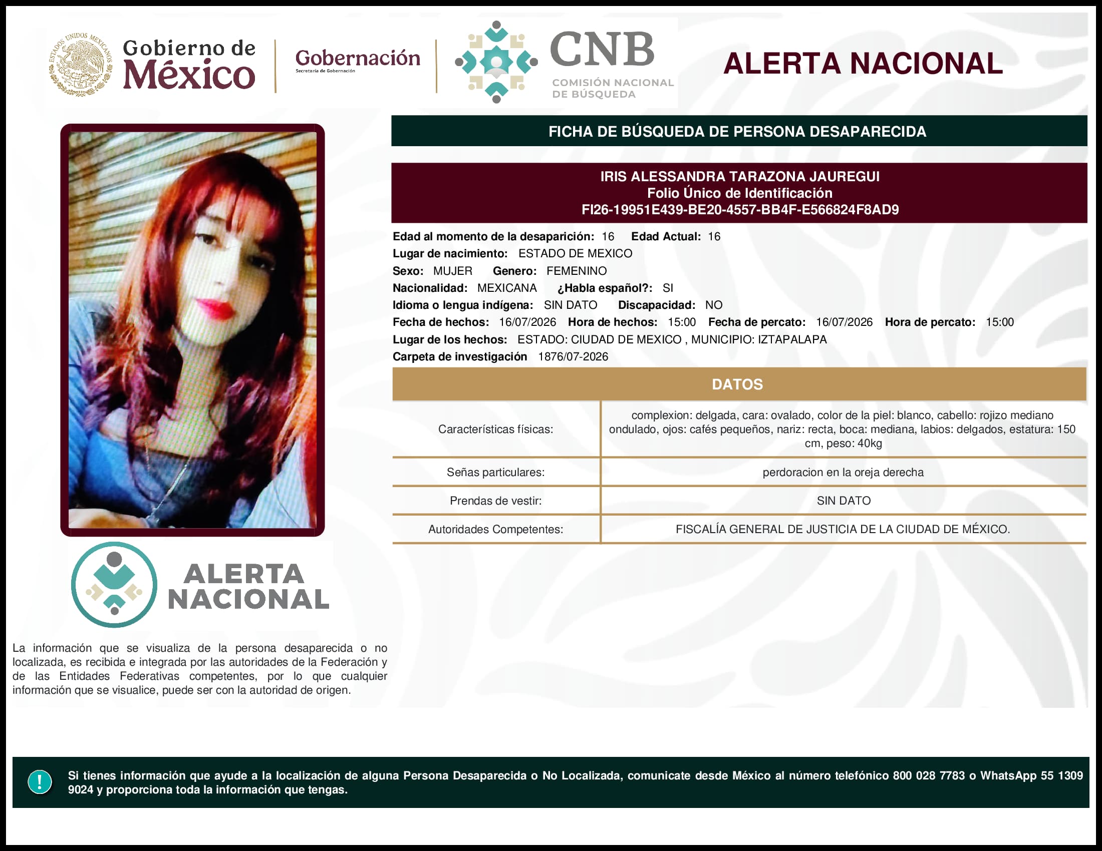 Persona desaparecida Iris Alessandra Tarazona Jauregui