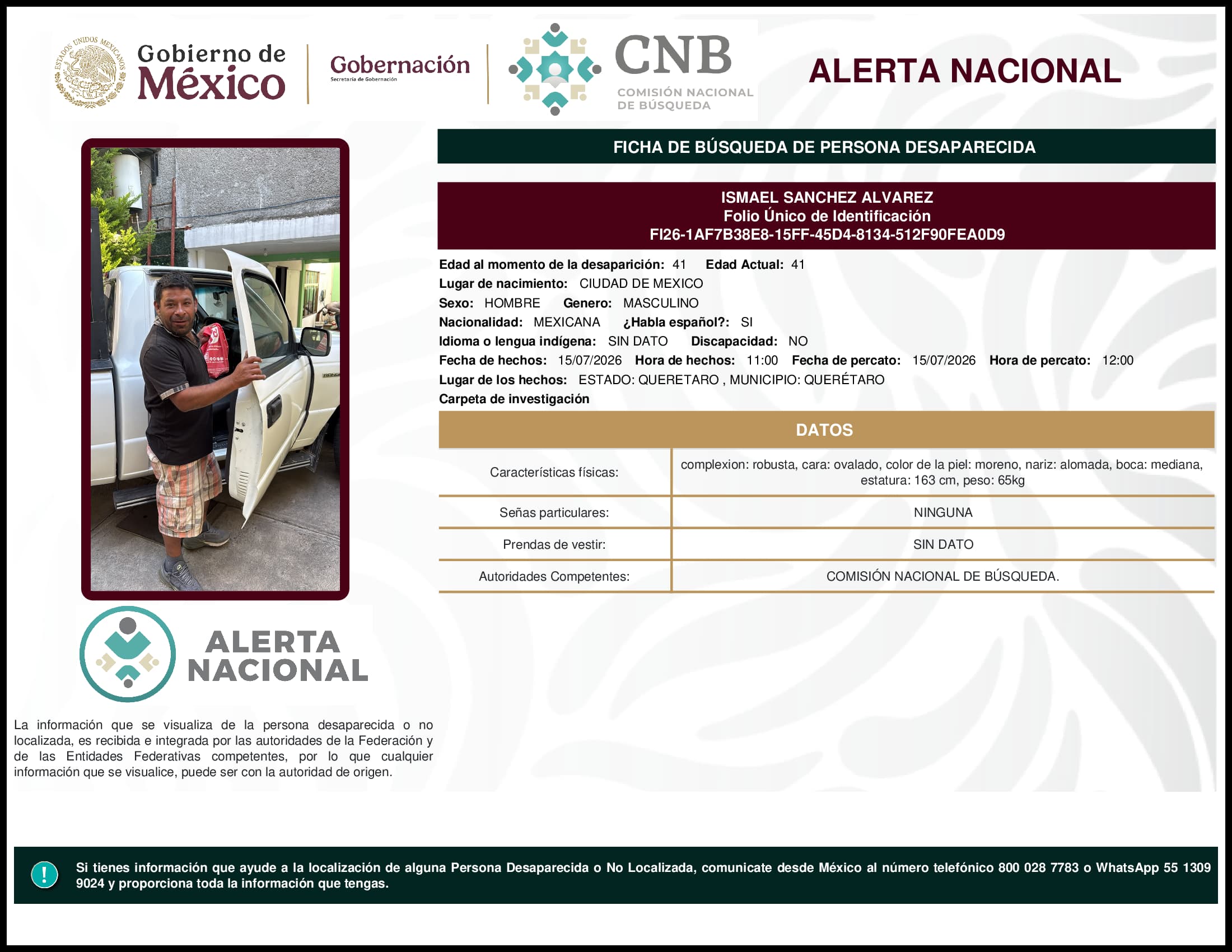Persona desaparecida Ismael Sanchez Alvarez