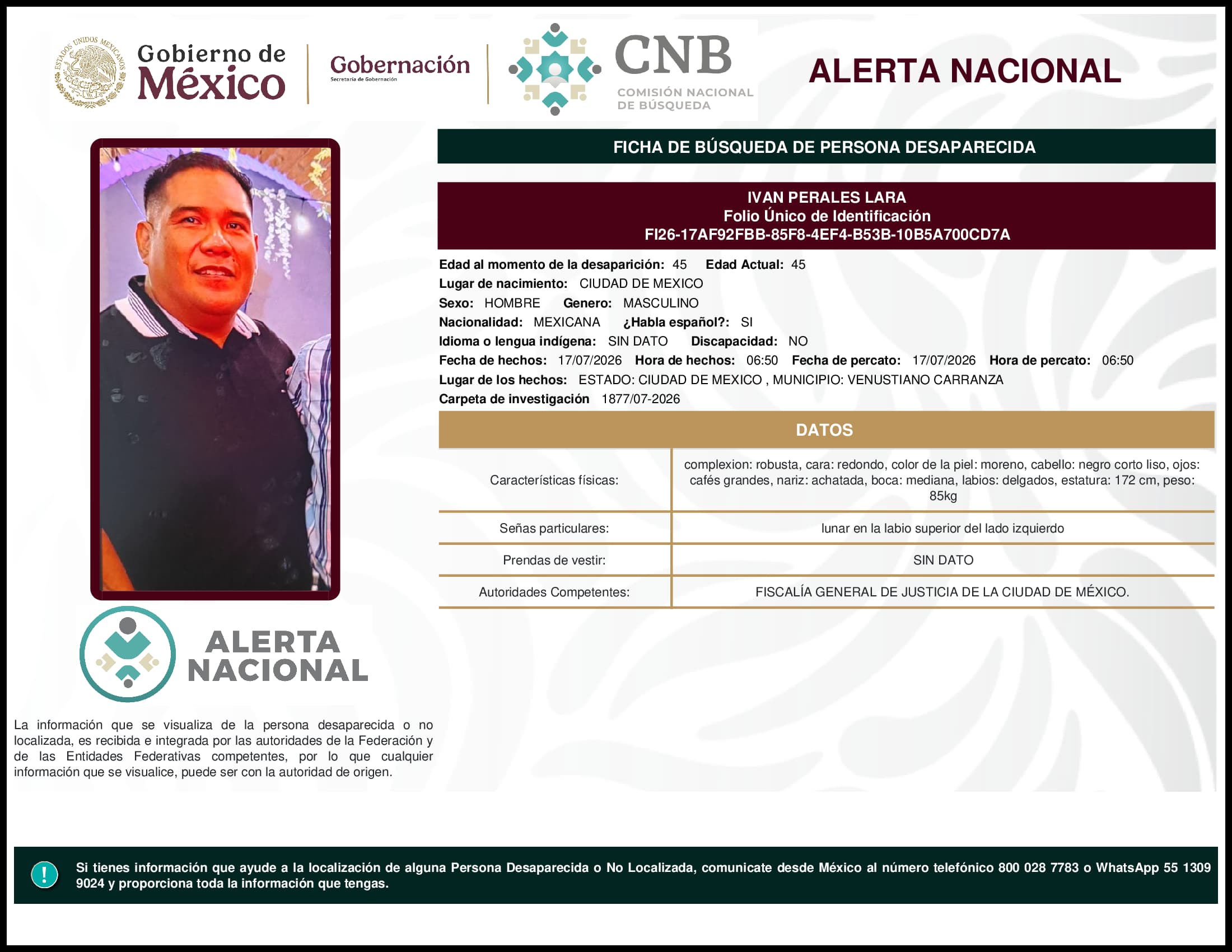 Persona desaparecida Ivan Perales Lara