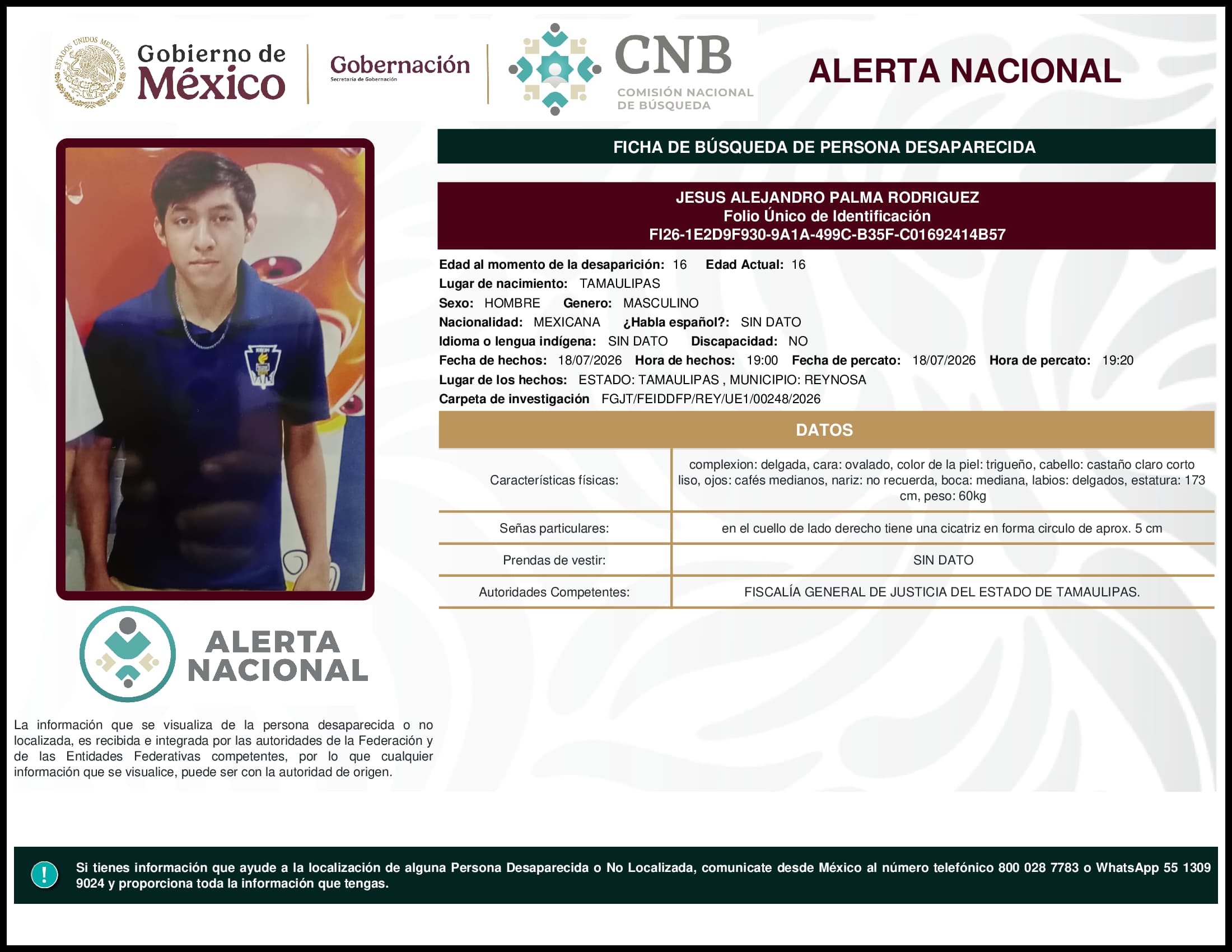 Persona desaparecida Jesus Alejandro Palma Rodriguez