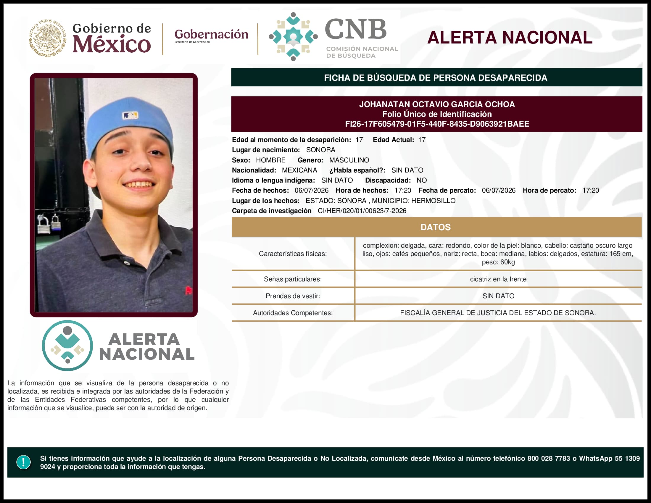 Persona desaparecida Johanatan Octavio Garcia Ochoa