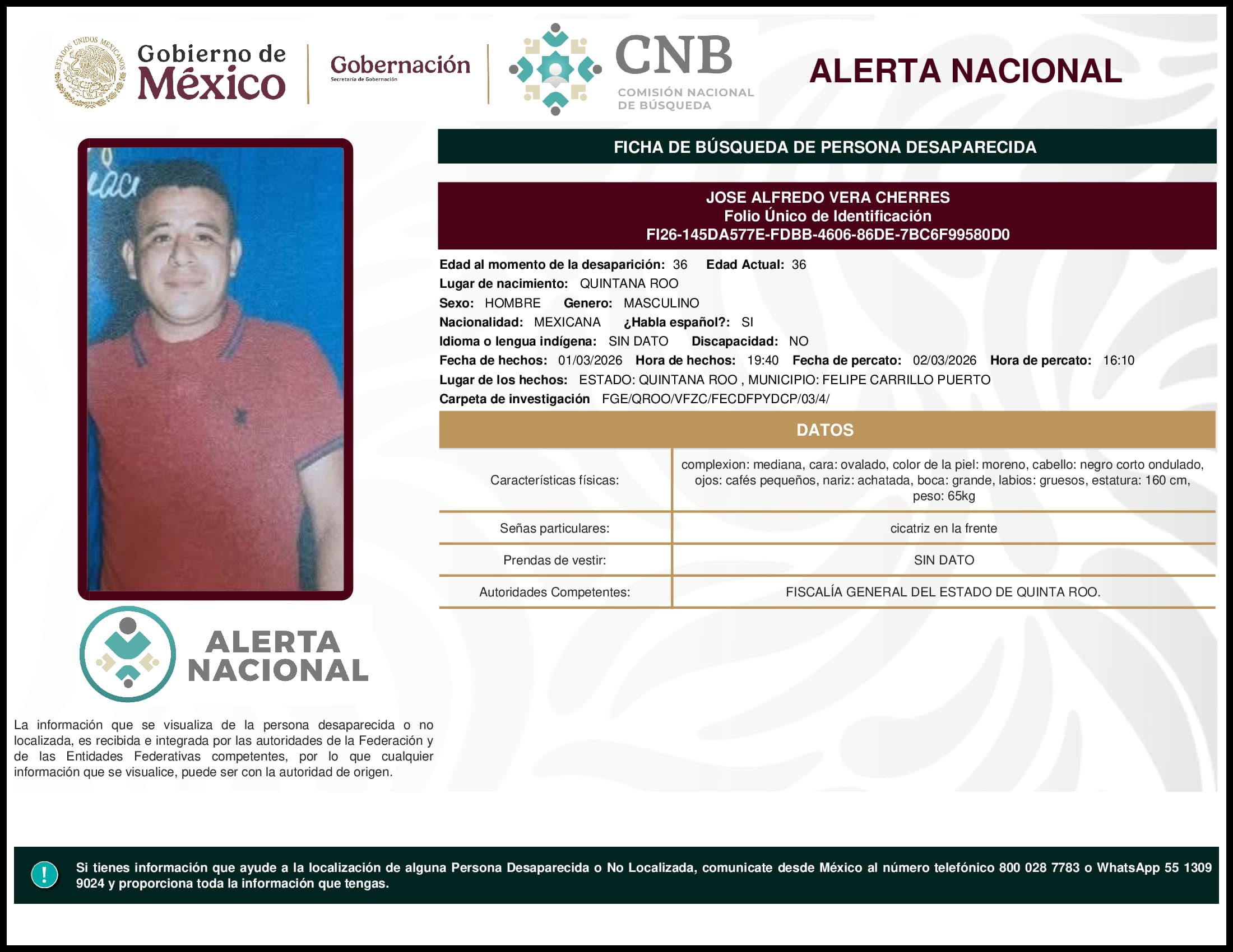 Persona desaparecida Jose Alfredo Vera Cherres