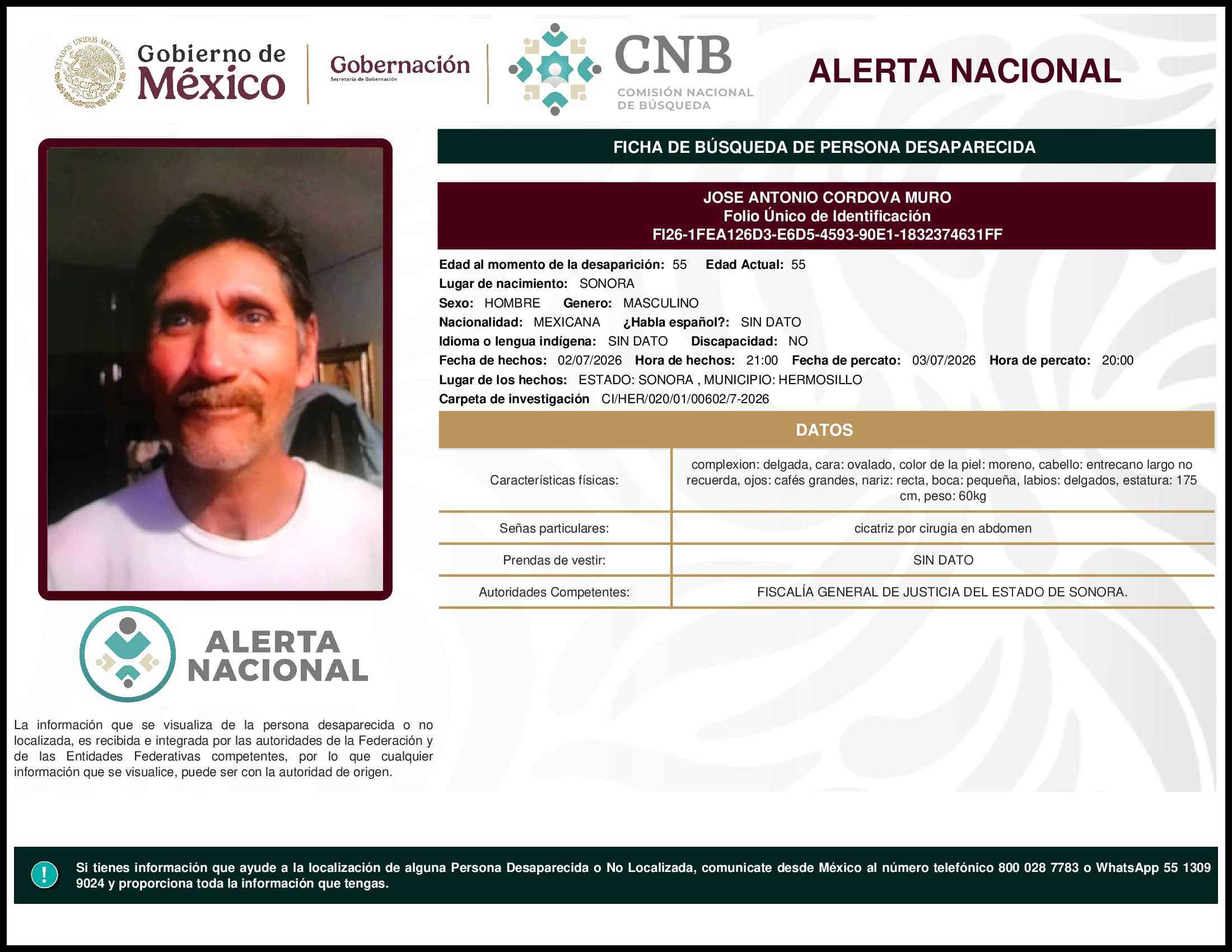 Persona desaparecida Jose Antonio Cordova Muro