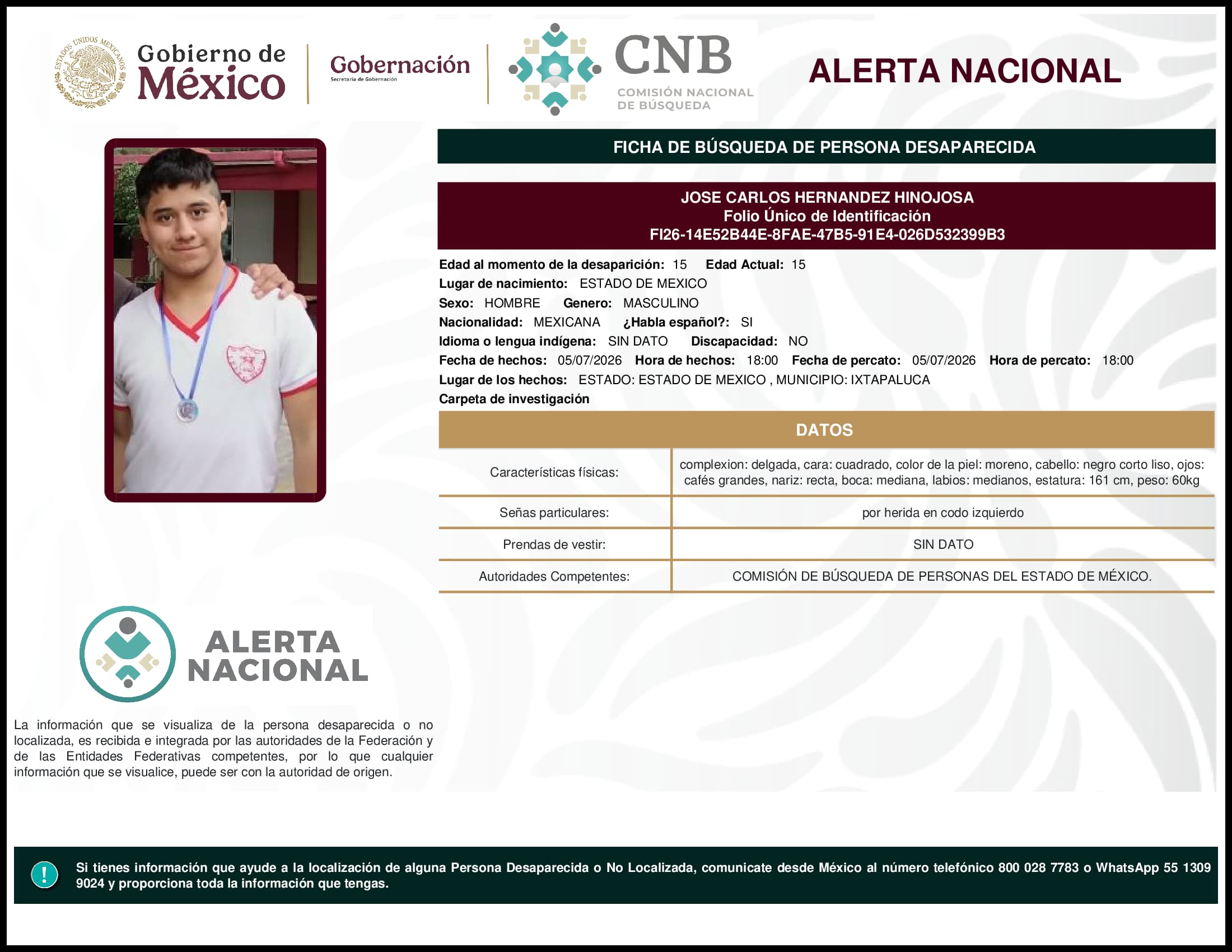 Persona desaparecida Jose Carlos Hernandez Hinojosa