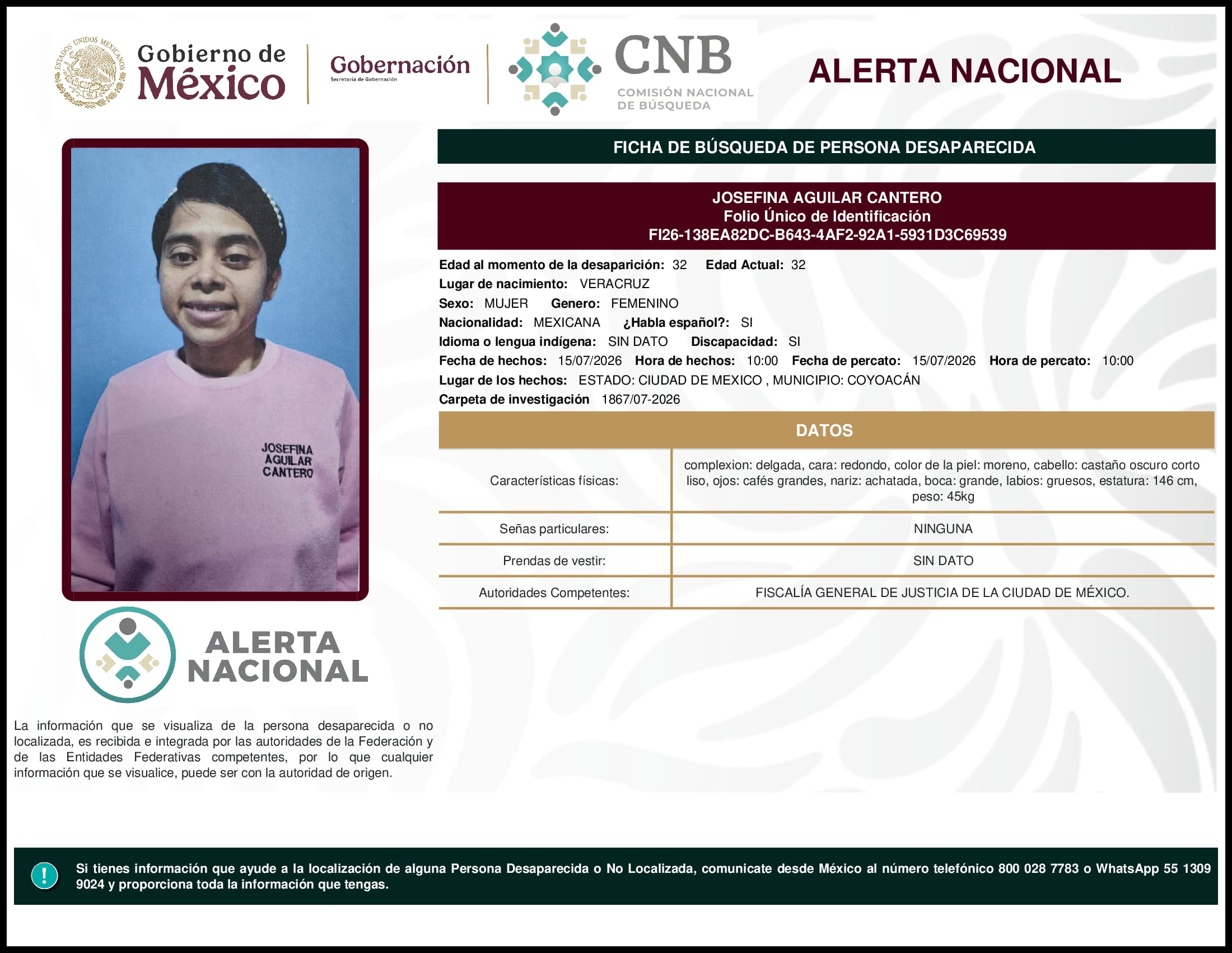 Persona desaparecida Josefina Aguilar Cantero