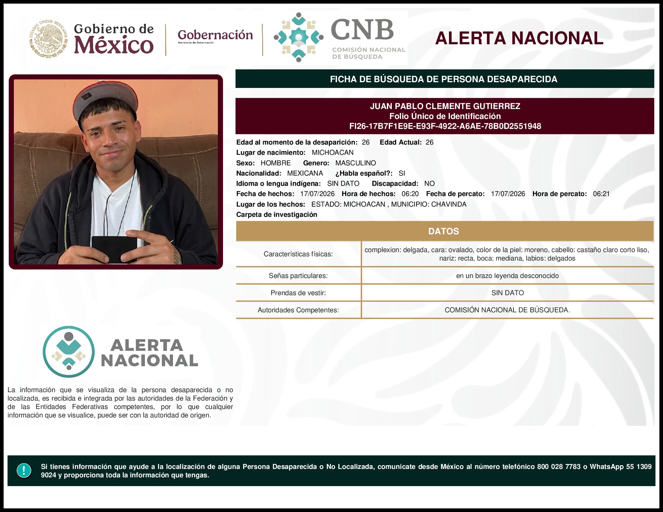 Persona desaparecida Juan Pablo Clemente Gutierrez