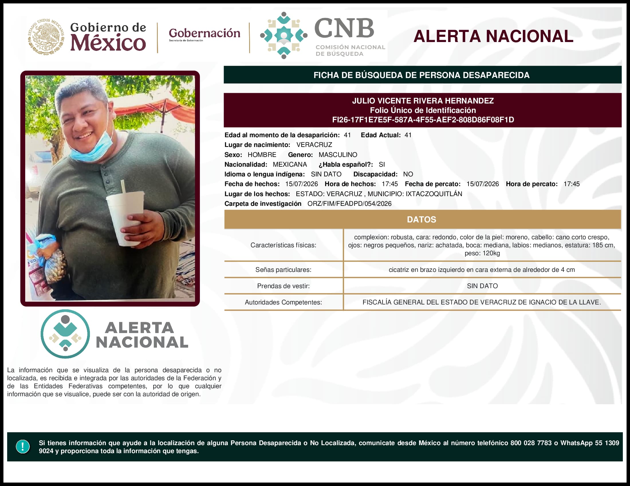 Persona desaparecida Julio Vicente Rivera Hernandez