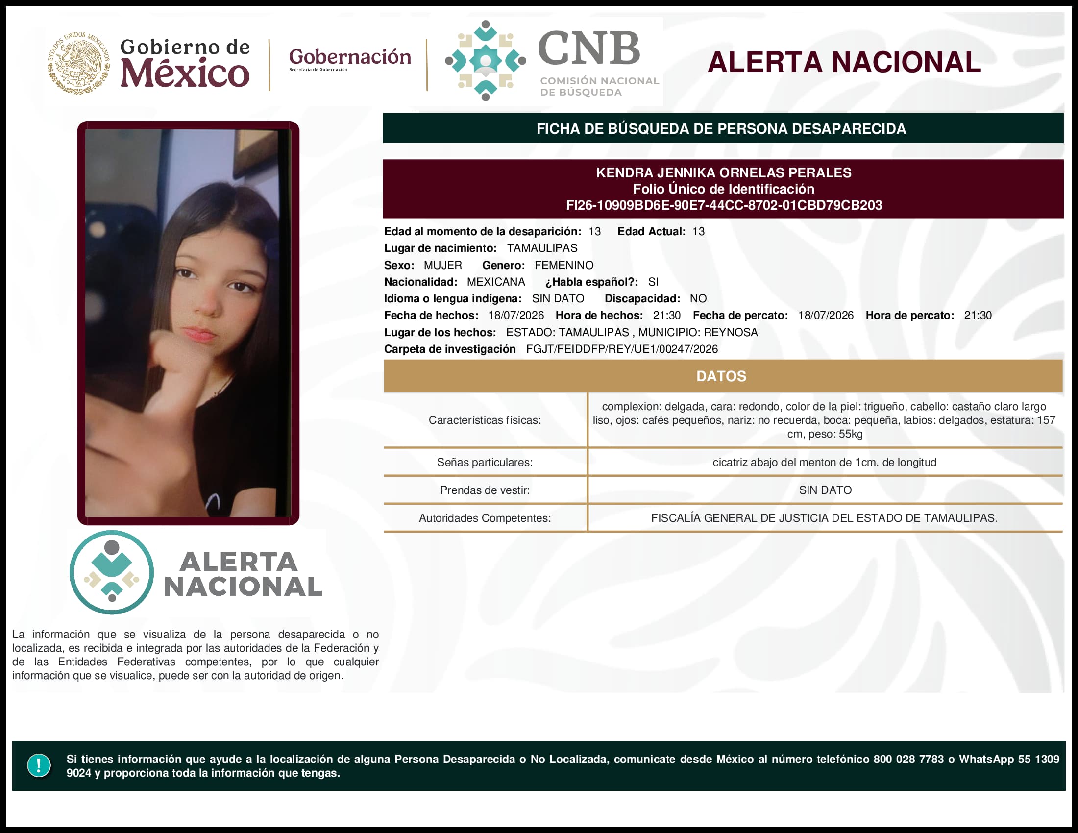 Persona desaparecida Kendra Jennika Ornelas Perales