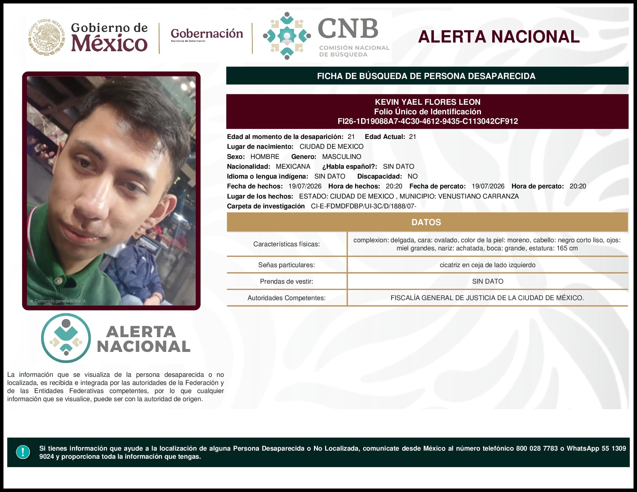 Persona desaparecida Kevin Yael Flores Leon
