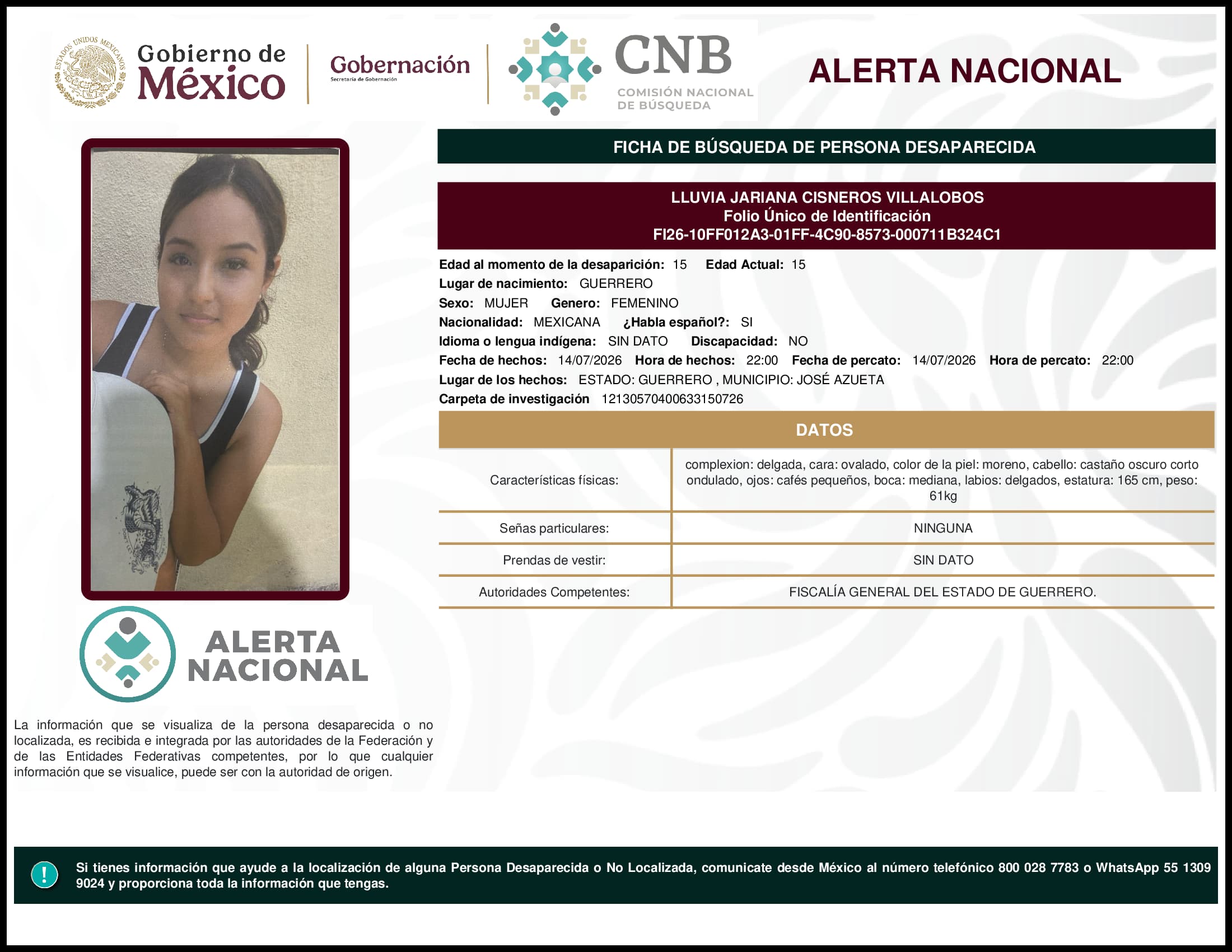 Persona desaparecida Lluvia Jariana Cisneros Villalobos