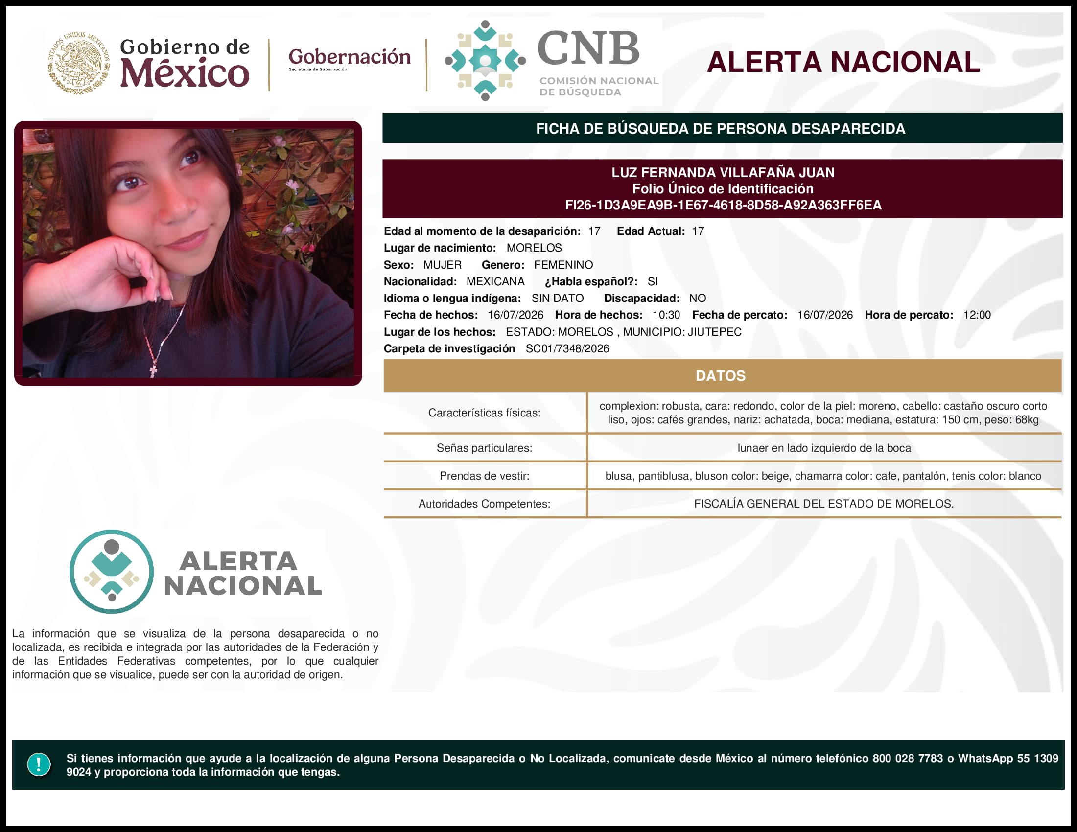 Persona desaparecida Luz Fernanda Villafana Juan