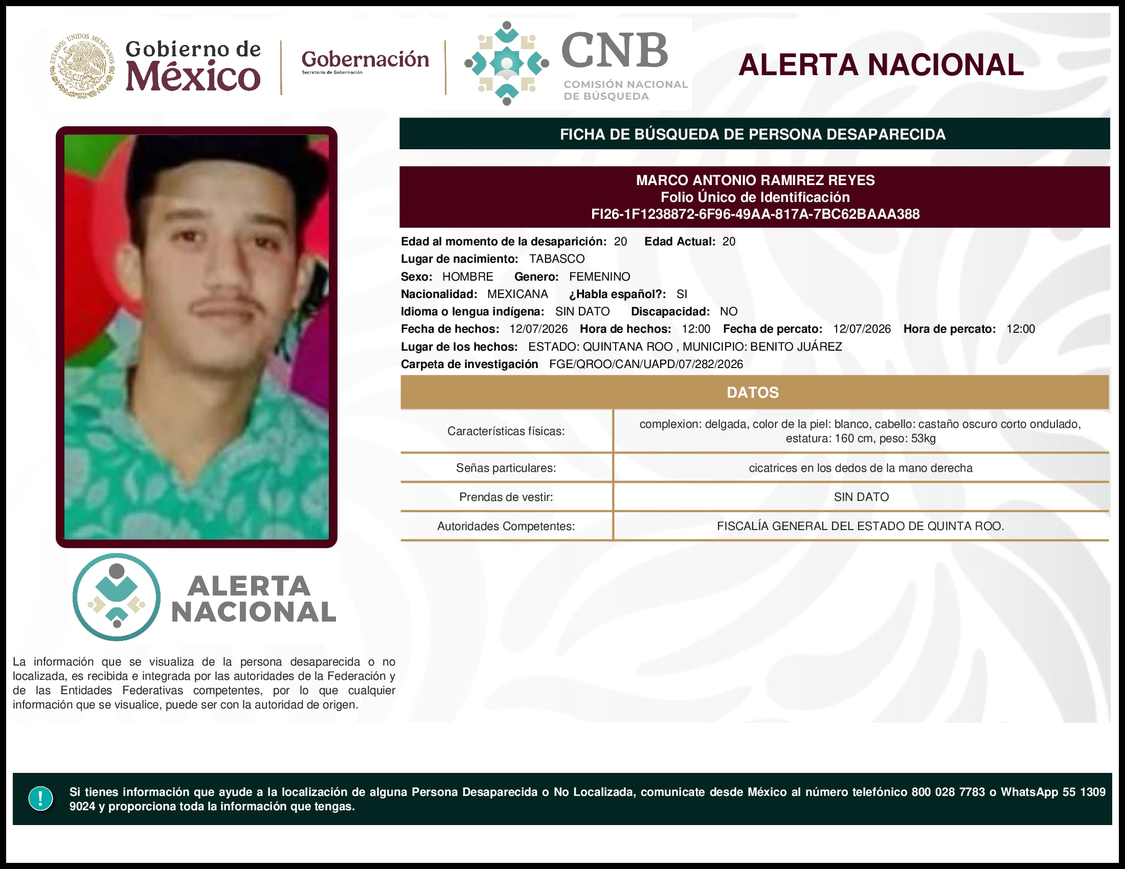 Persona desaparecida Marco Antonio Ramirez Reyes